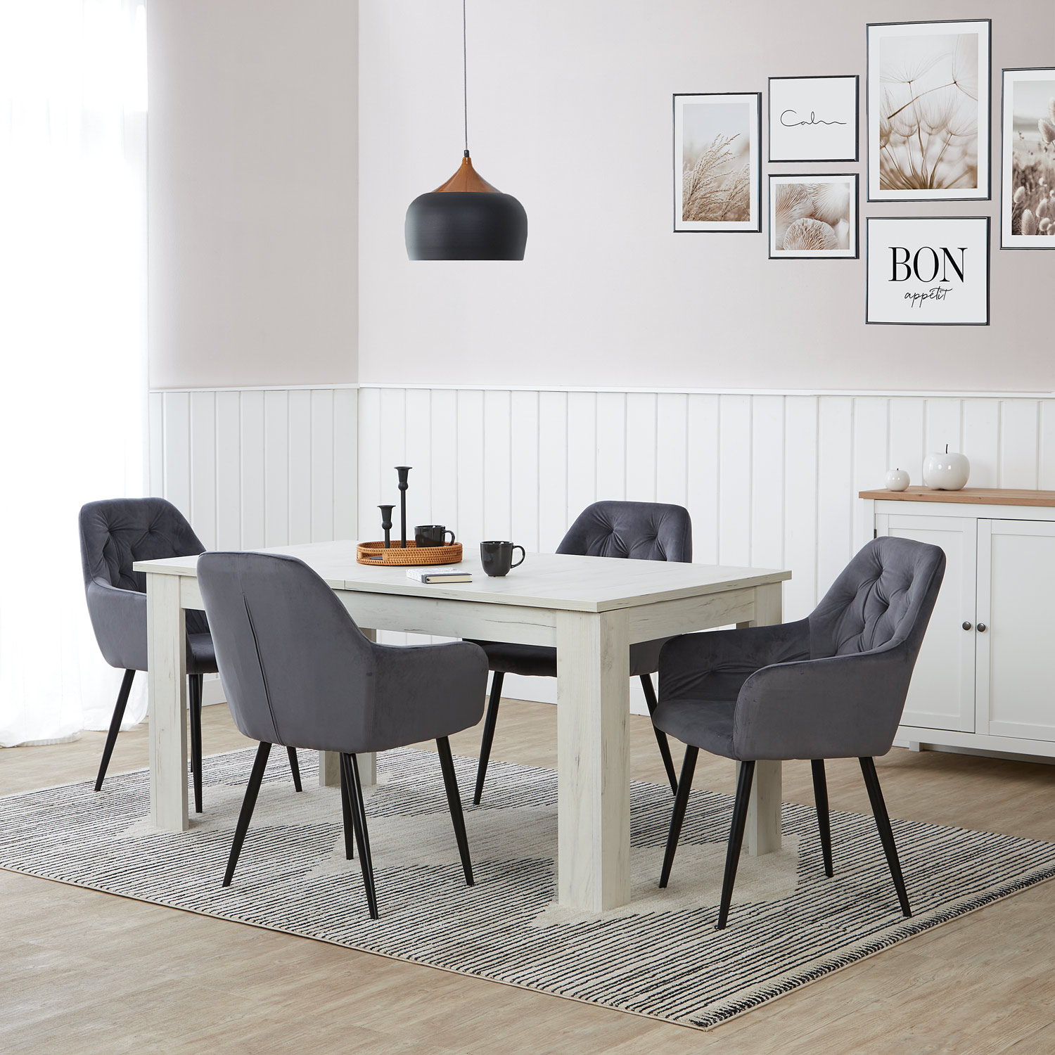 Essgruppe Weiß Vintage 160–200 cm ausziehbar mit 4 Samtstühlen Grau