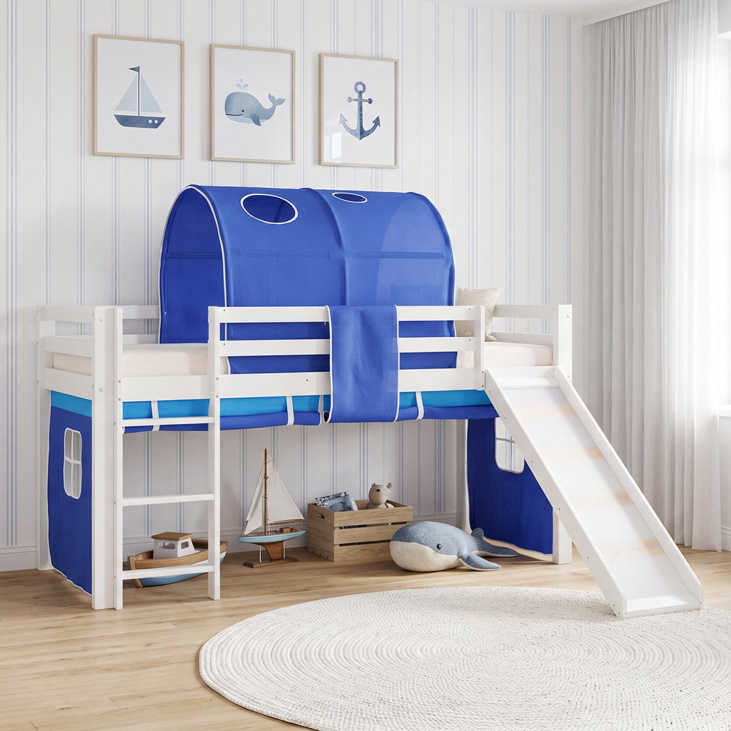 Children's Loft Bed 90x200 cm White with Blue Curtain | Slide | Tunnel | Includes Slatted Base | Includes Mattress