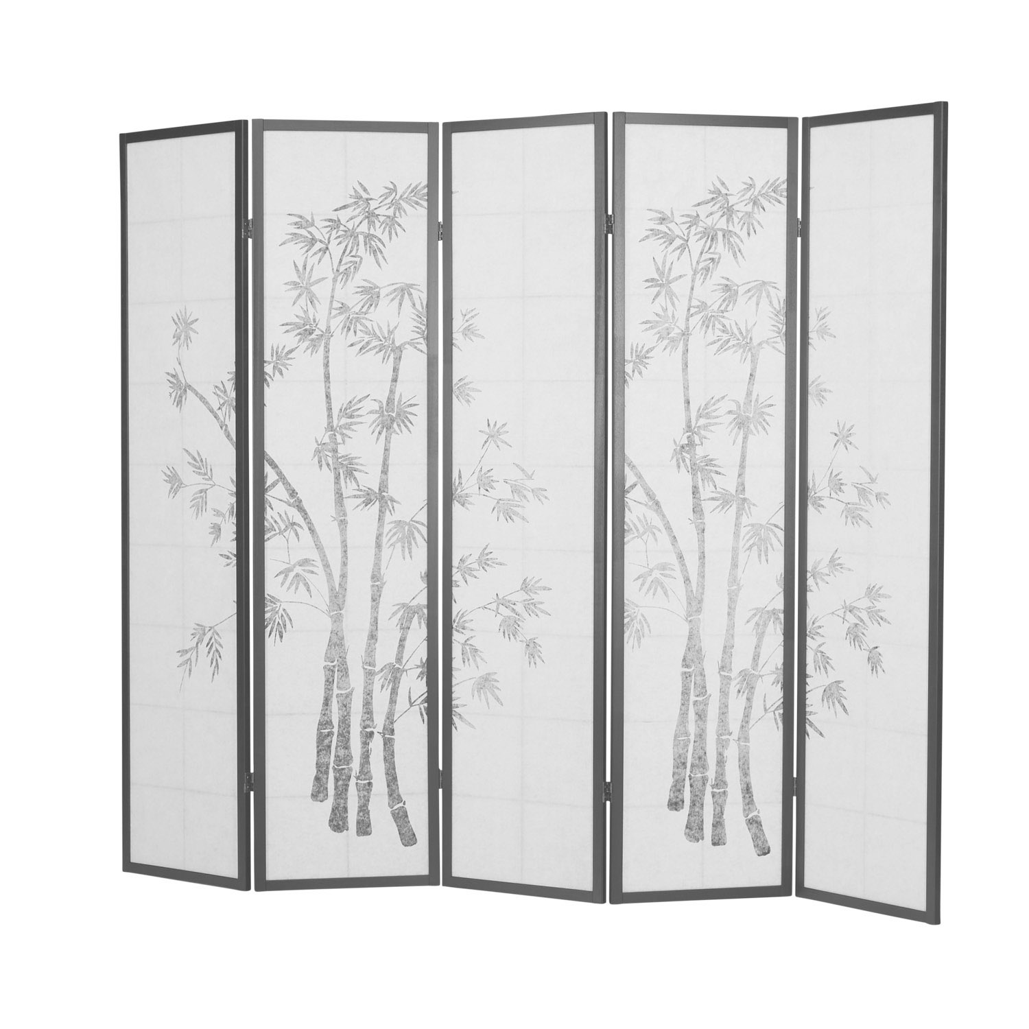 Paravent room divider 5 pieces, wood black, rice paper white, bamboo pattern, height 179 cm	