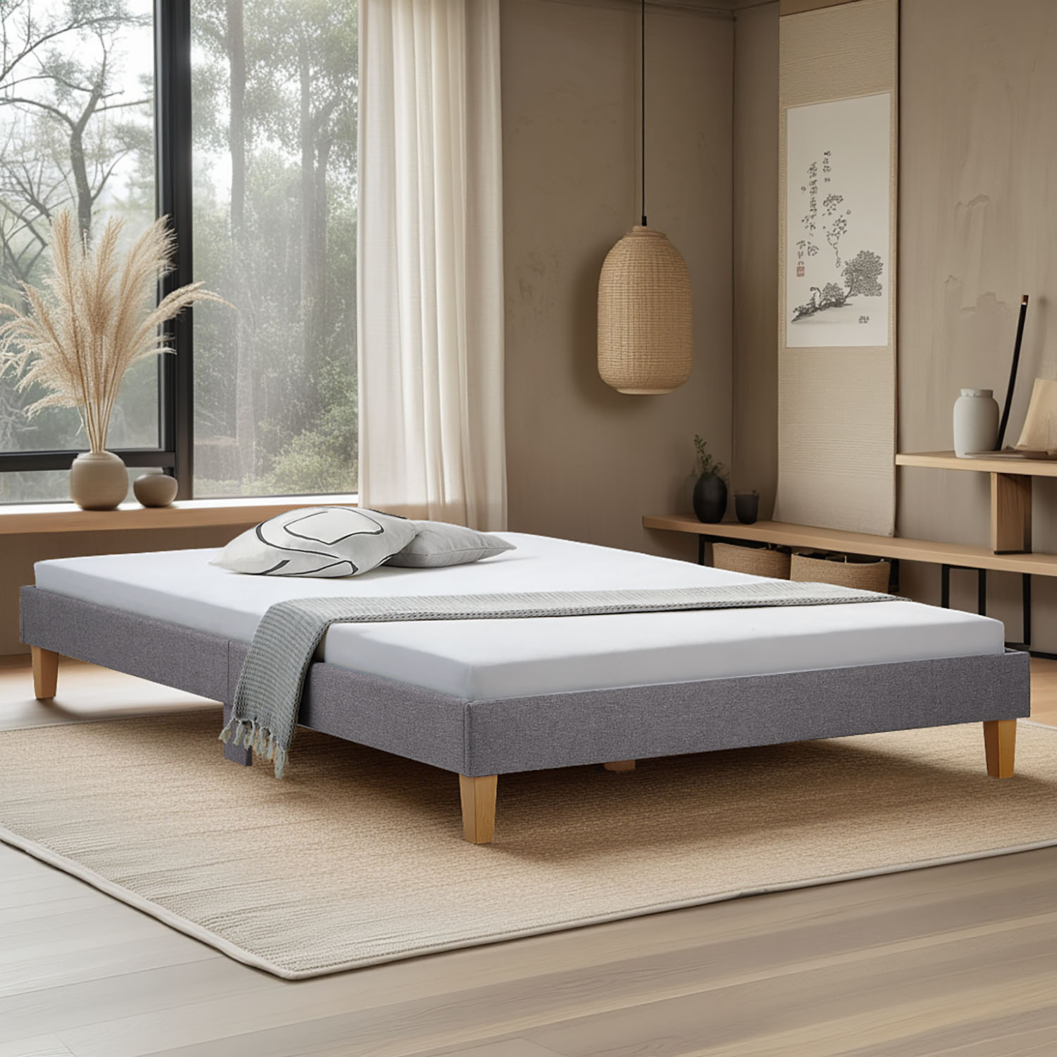 Upholstered Bed 120x200 cm Gray – Futon Bed with Slatted Base & Mattress | Modern Fabric Bed