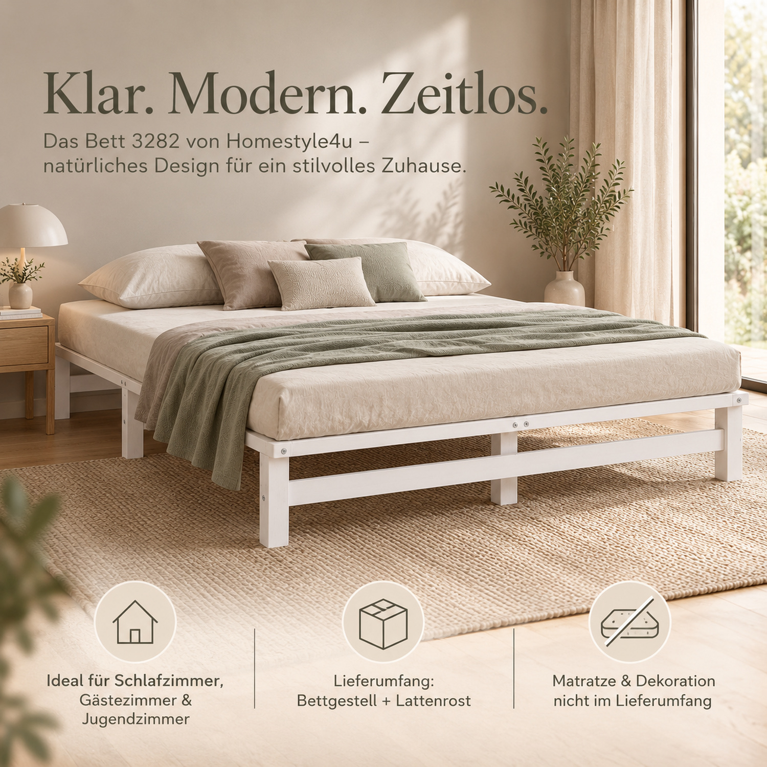 160x200 cm White Pallet Bed – Wooden Double Bed with 2 Mattress & Slatted Base for Teen Rooms, Guest Rooms, and Bedrooms