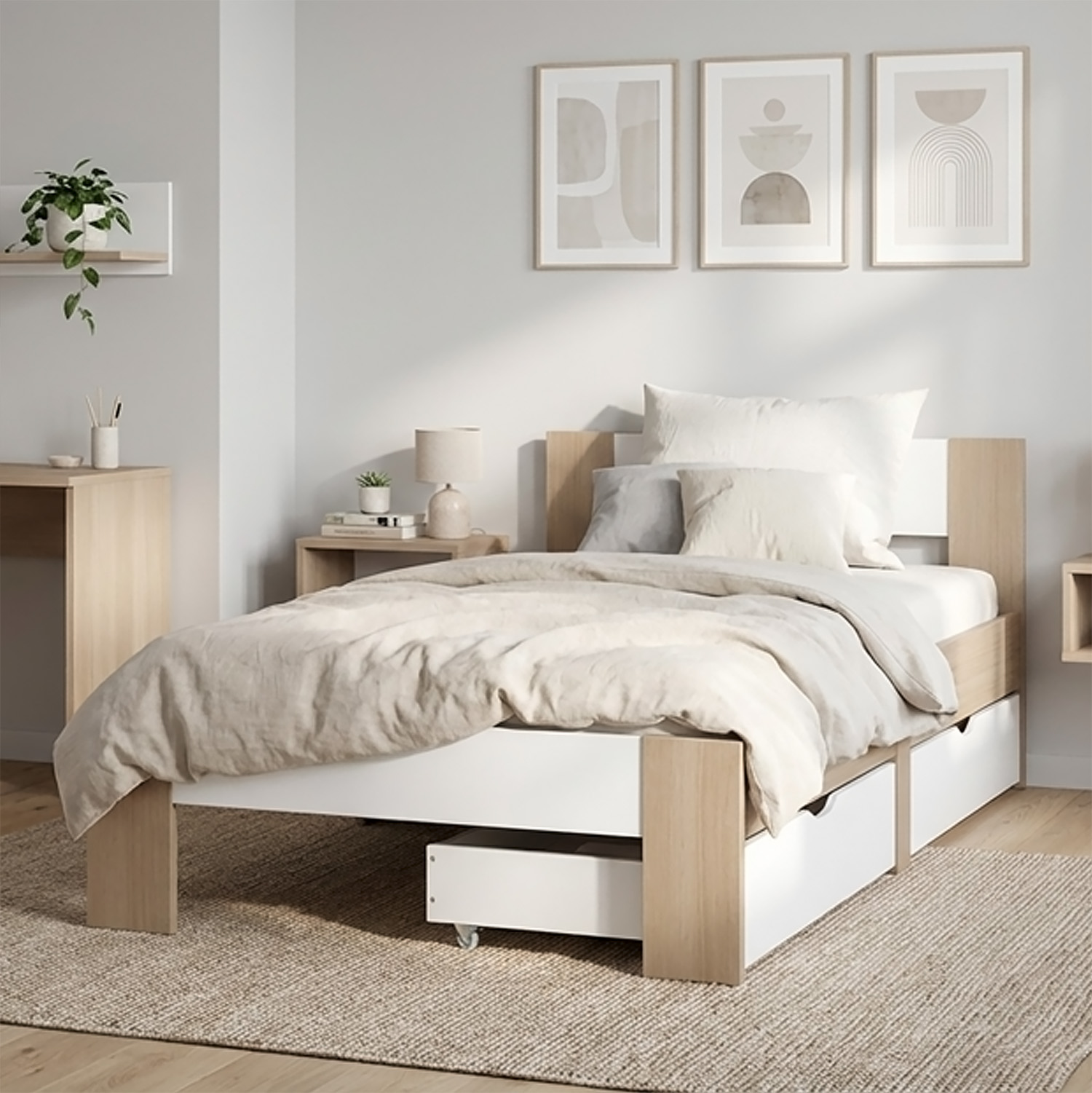 Holzbett 90x200 mit 2 Bettkästen Bett Eiche Braun Weiß Holzbett Bettgestell Jugendbett Einzelbett Matratze Lattenrost