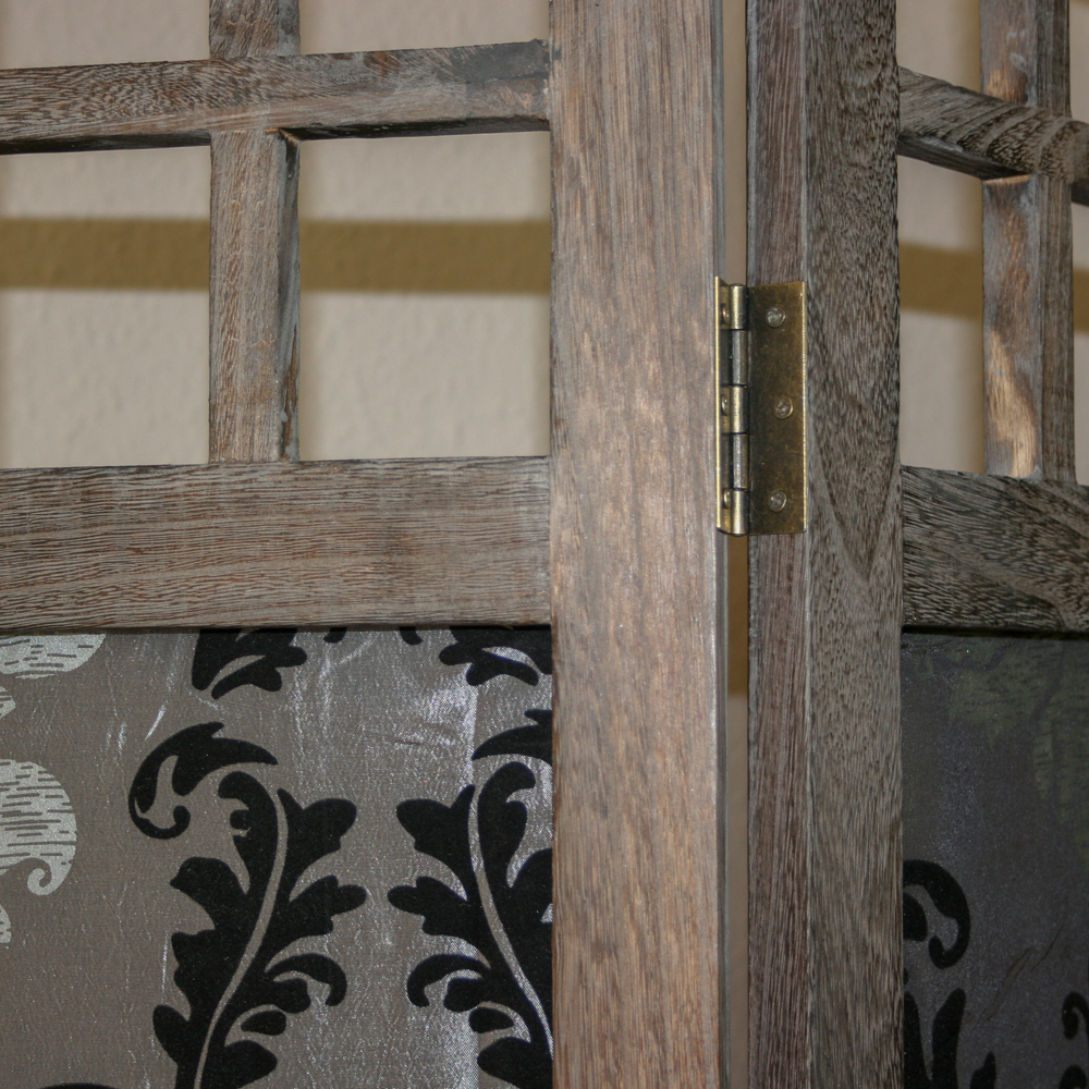 Brown folding screen with gray fabric and ornamental pattern – 3-panel, elegant wooden room divider and privacy screen