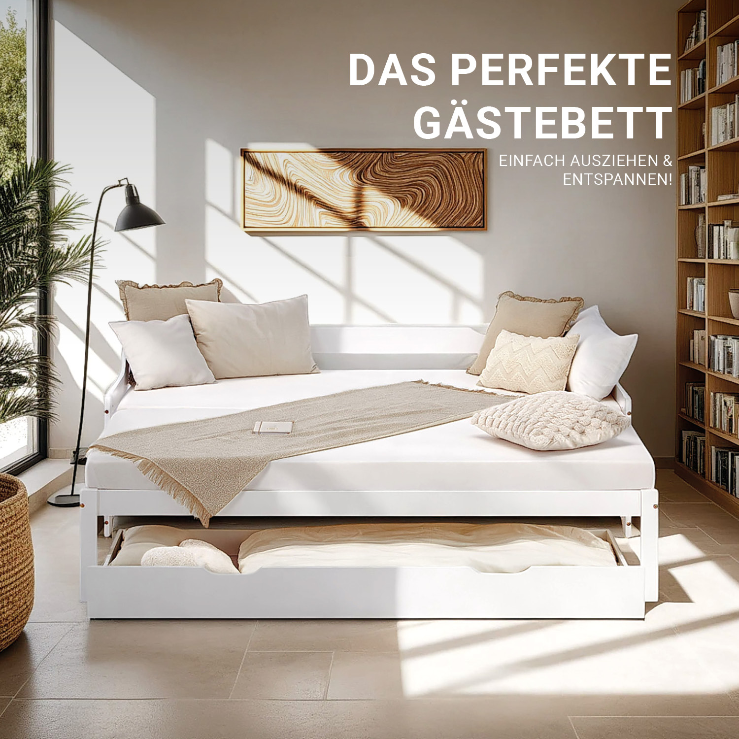 Gästebett Holzbett 90x200 cm Weiß Stauraum Tagesbett ausziehbar Jugendbett Ausziehbett Bett mit Bettkasten Matratze