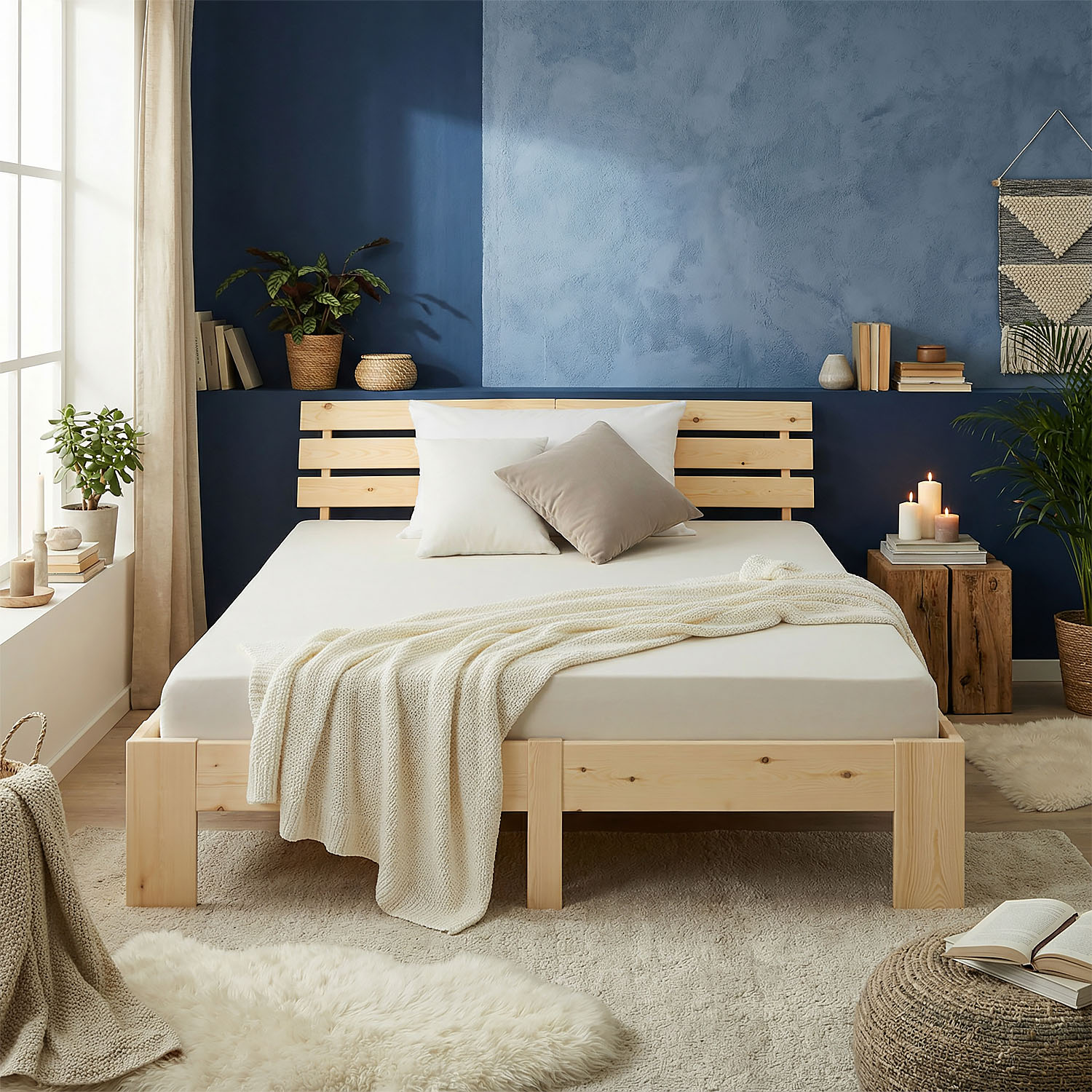 Wood Bed 180x200 cm Natural | Double Bed | with 2 Mattress | Solid | Kids Youth Guest Bedroom