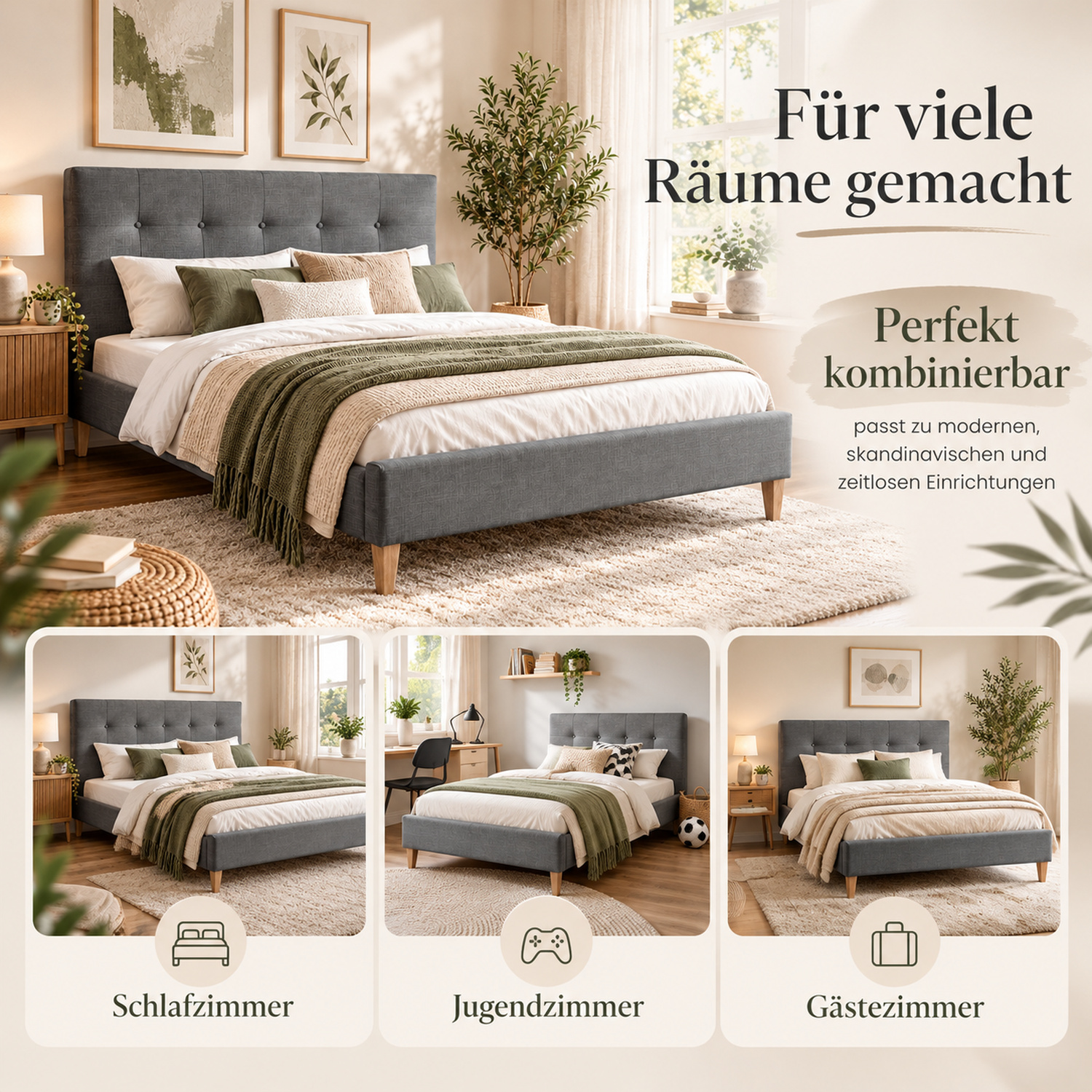 Upholstered bed 180x200 cm grey | with slatted frame | double fabric bed frame