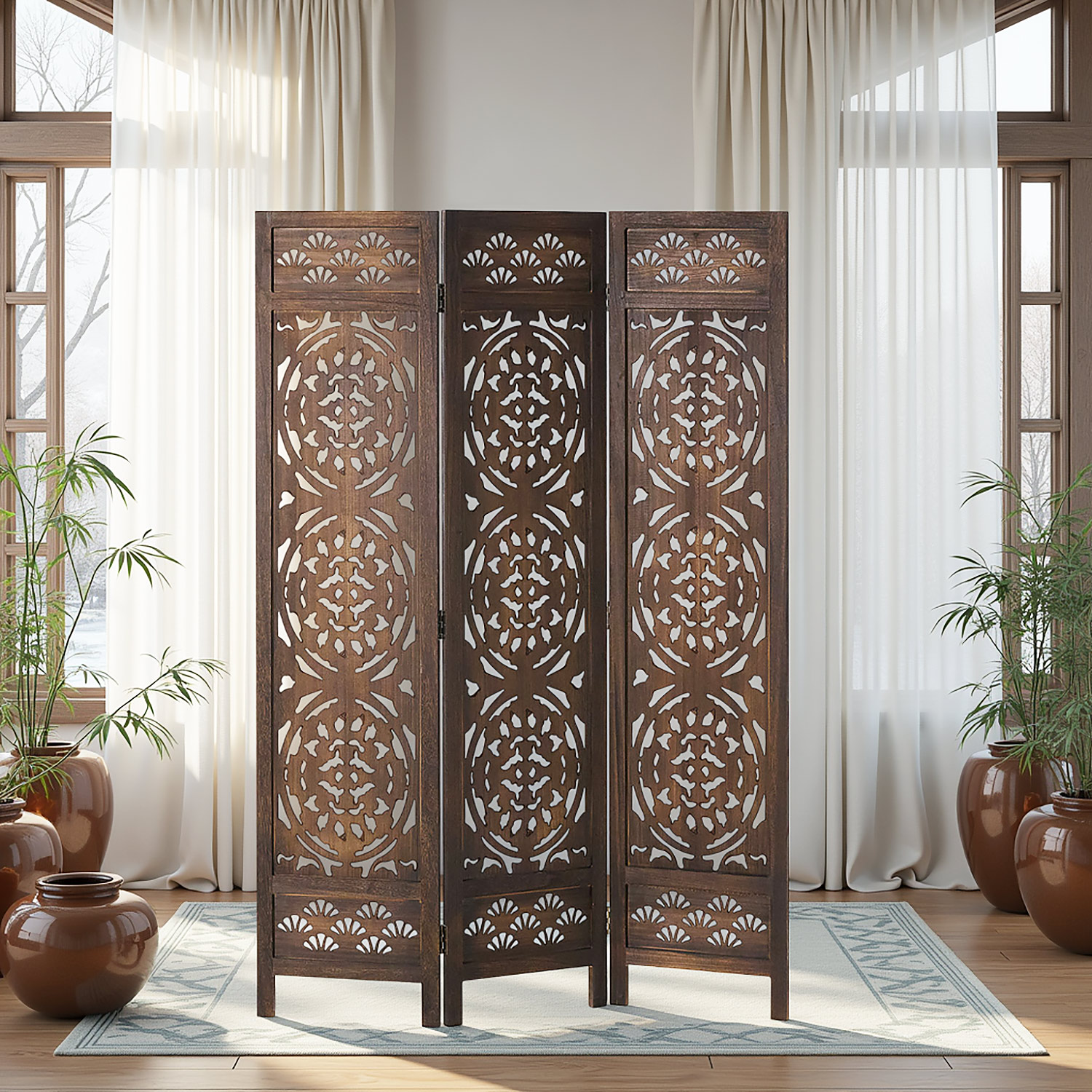 Paravent Brown Design | 3-panel | Wood | Decorative Room Divider | Partition Privacy Screen
