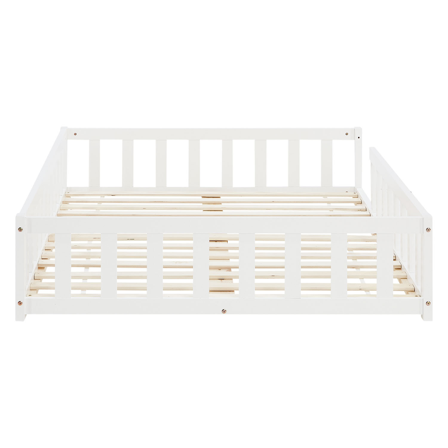 Children's Bed 120x200 White | Floor Bed with Slatted Frame | with Fall Protection | Montessori