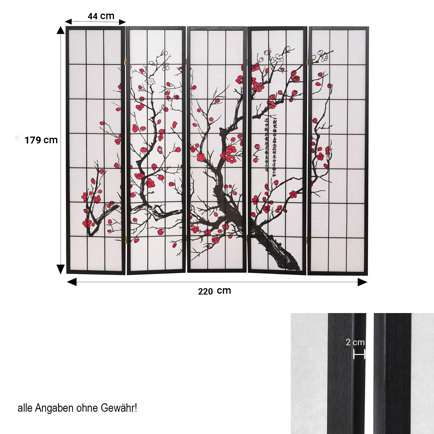 Paravent Black Cherry Pattern | Rice Paper White | 5-panel | Wood | Room Divider Partition Privacy Screen