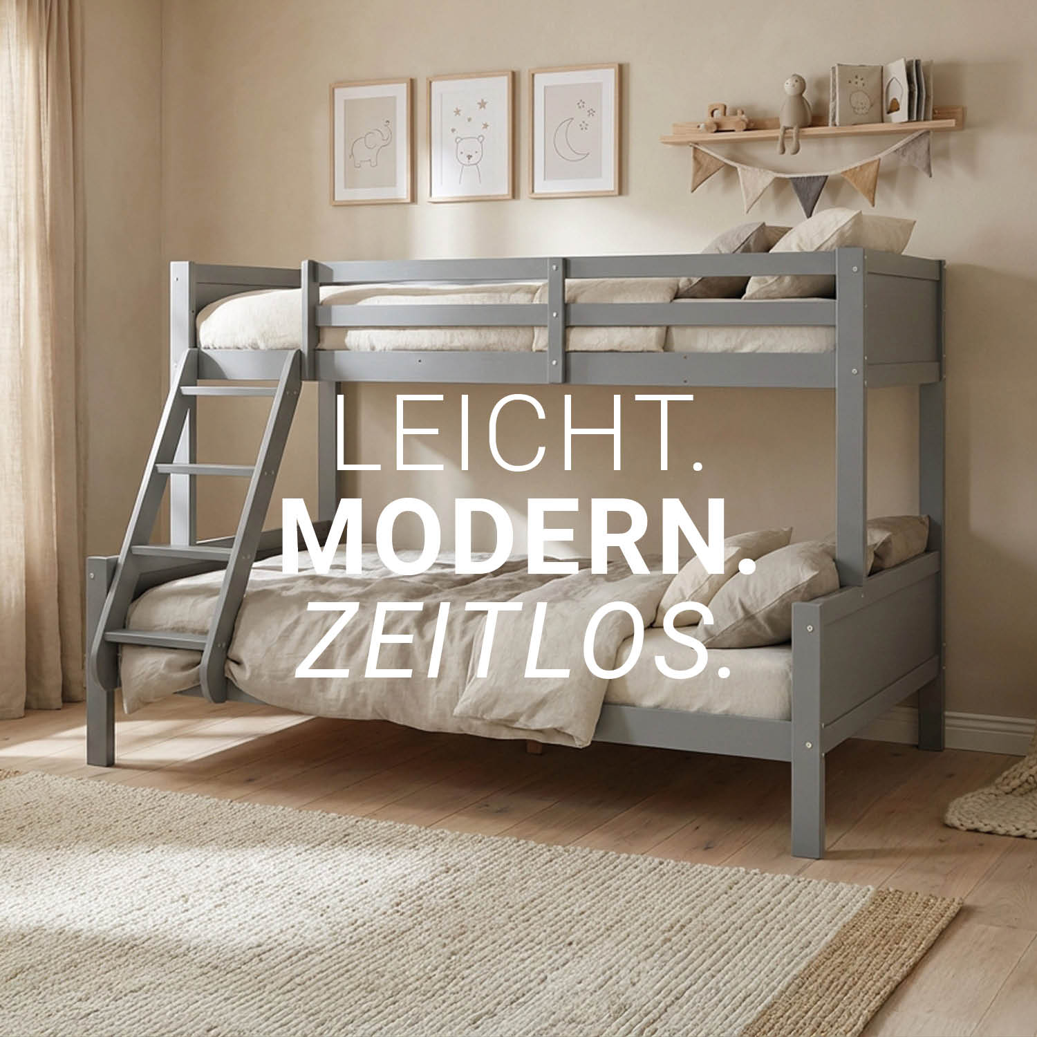 Bunk bed with two sleeping surfaces (90x200 cm and 140x200 cm) | Gray | with slatted base