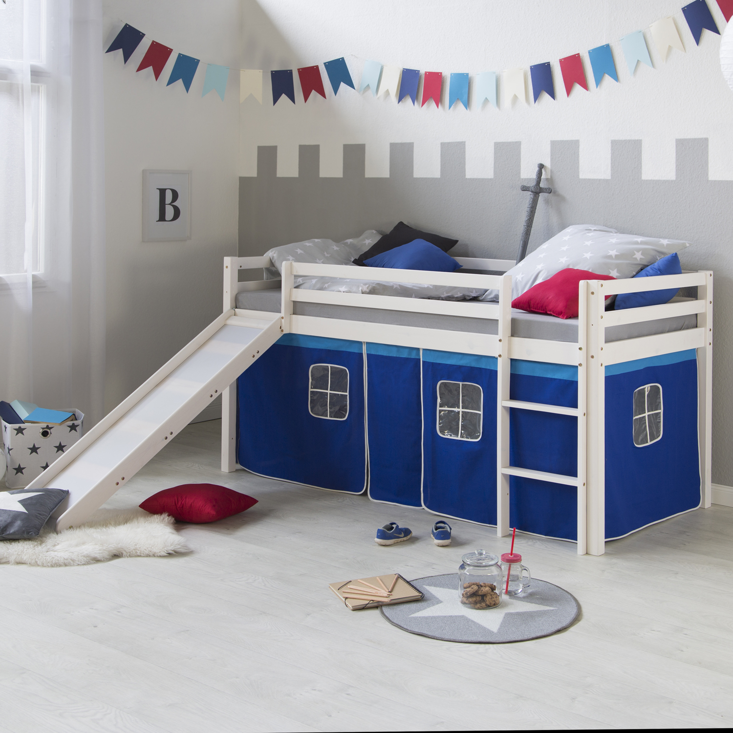 Loft Bed Kids 90x200 cm White with Curtain in Blue | Slide | without Slatted Frame