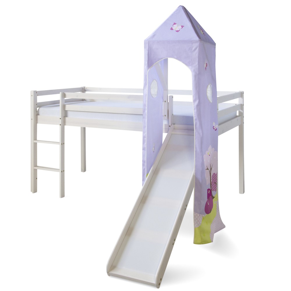 Loft Bed Kids 90x200 cm White with Curtain Purple Castle | Tower | Slide | without Slatted Frame