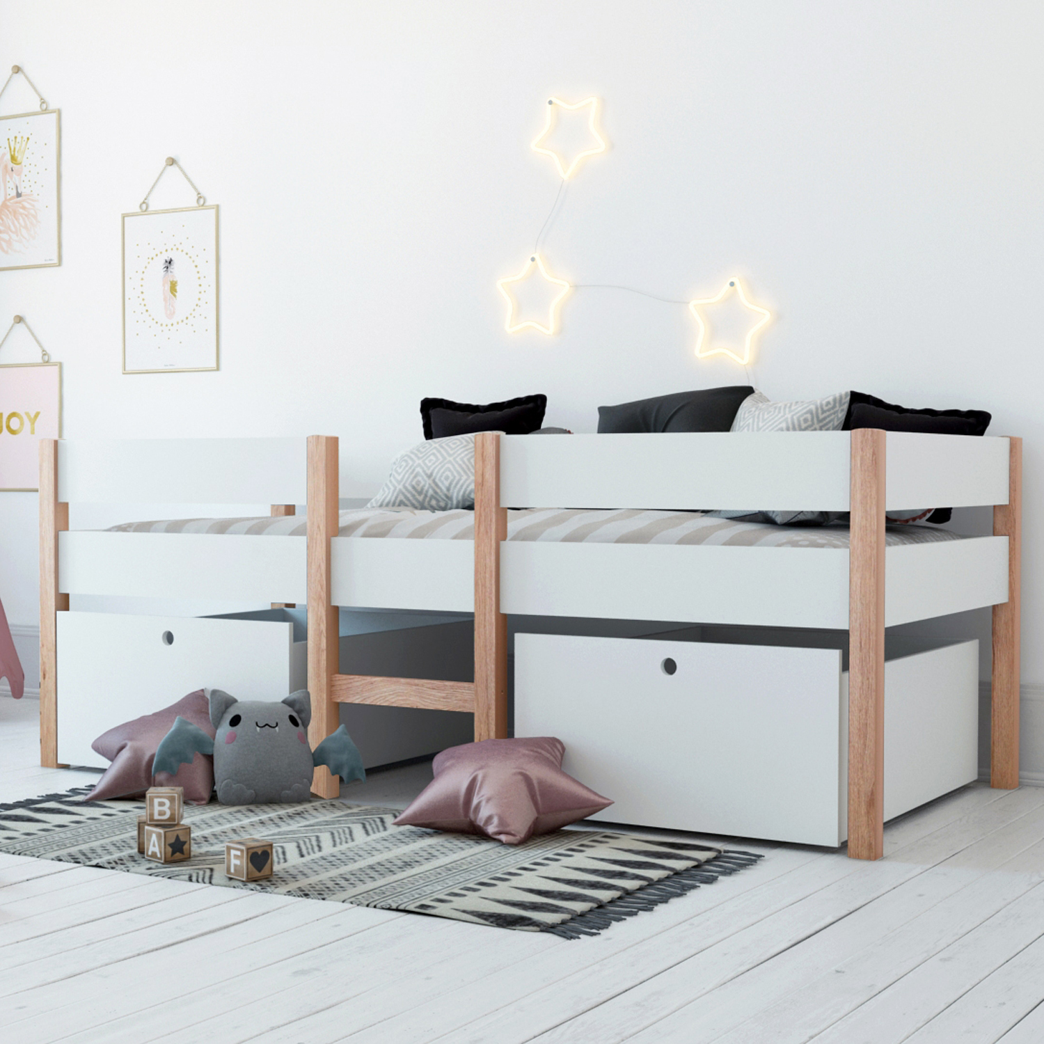 Children´s Bed Bunk Bed Kids Bed Mid Sleeper 90x200 White Wood Drawer