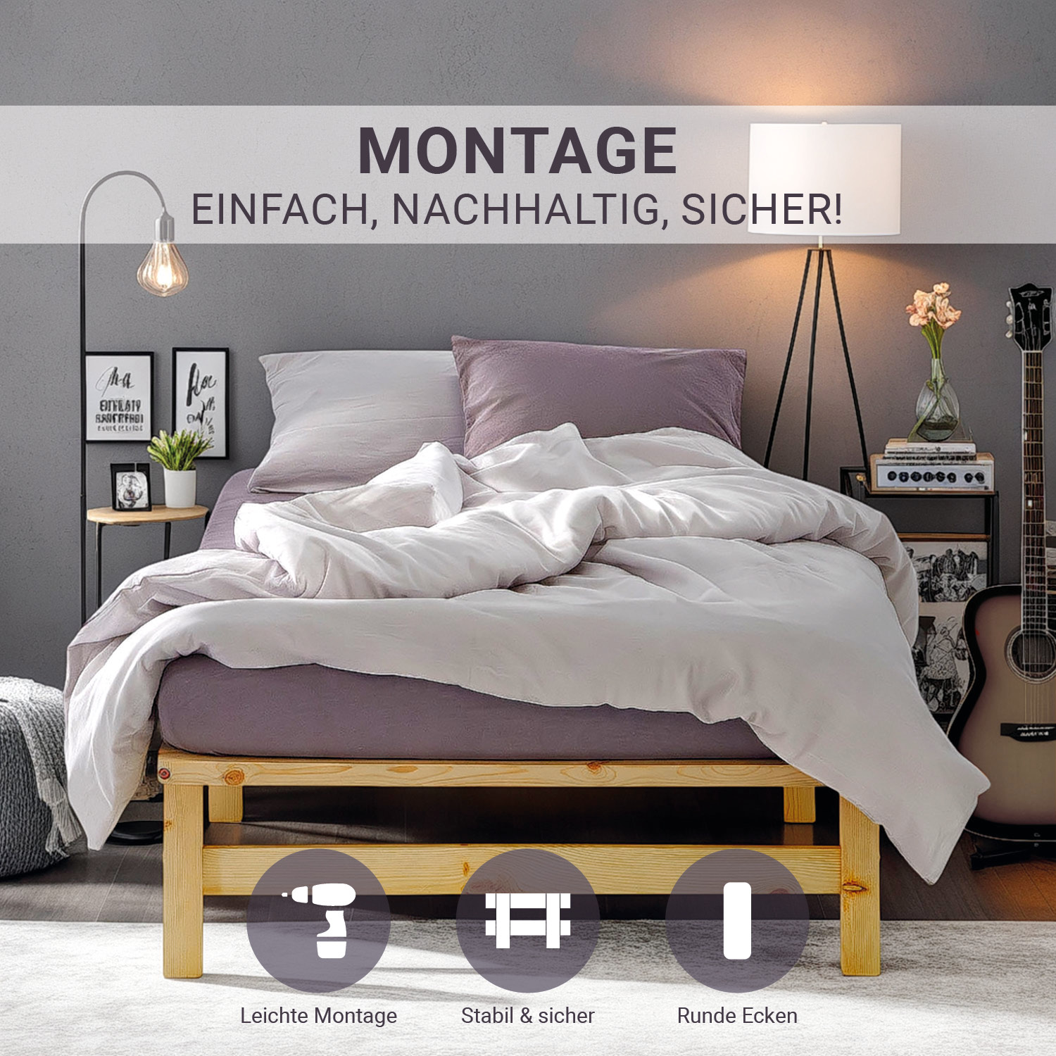 Pallet Bed 90x200 cm Natural | Single Bed with Slatted Frame | with Mattress | Wood | Kids Youth Guest Bedroom