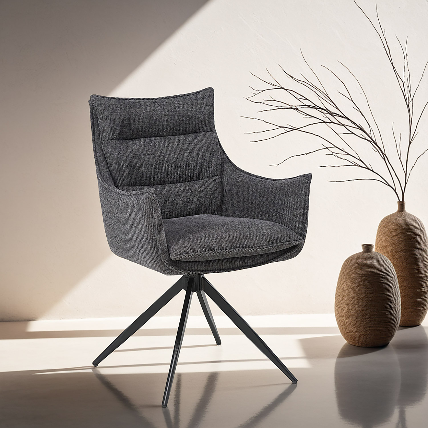 Upholstered Chair Fabric Anthracite | Set of 4 | swivel | with Armrests | Kitchen Dining Room Office