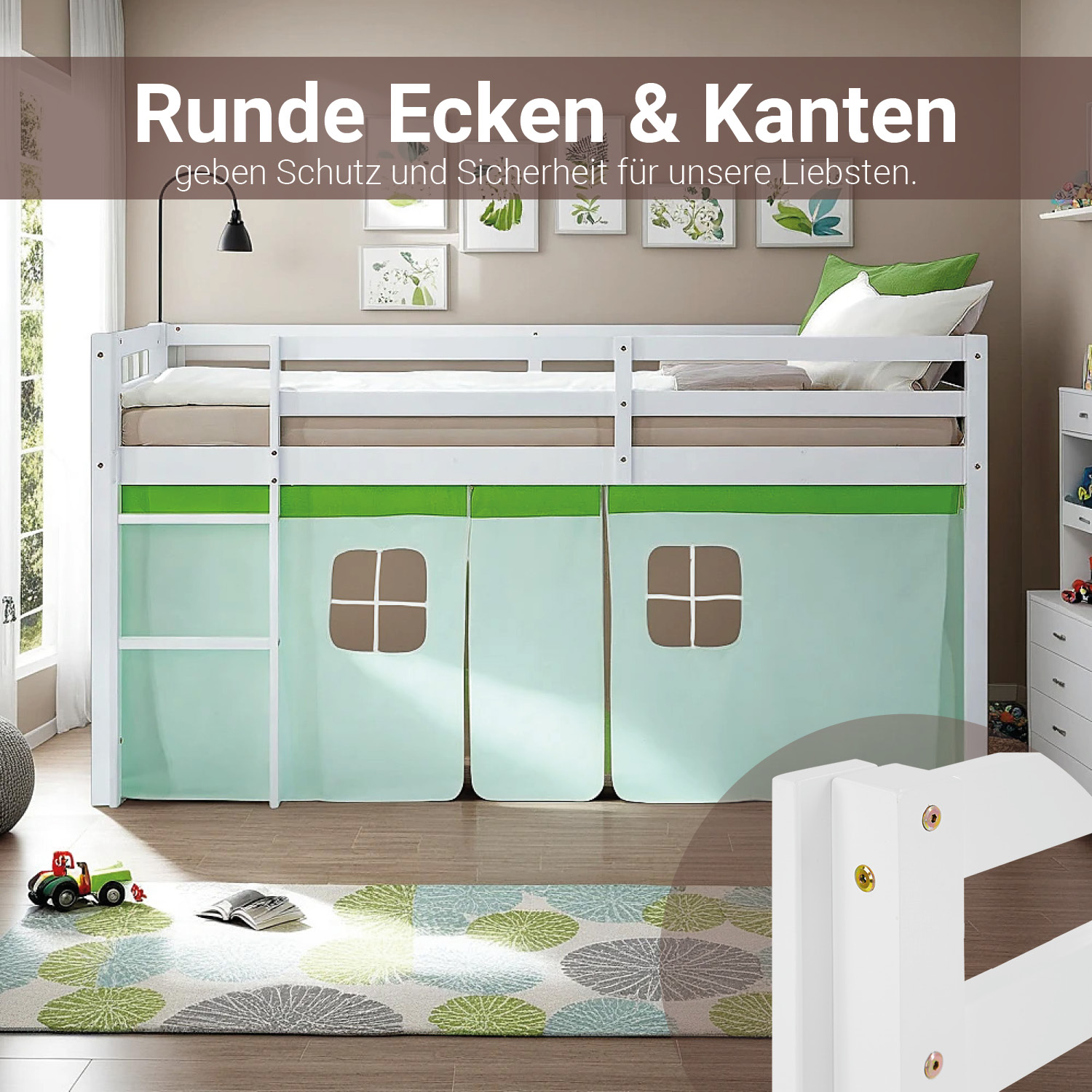 Loft Bed for Kids 90x200 cm White with Curtain in Green | with Slatted Frame and Mattress