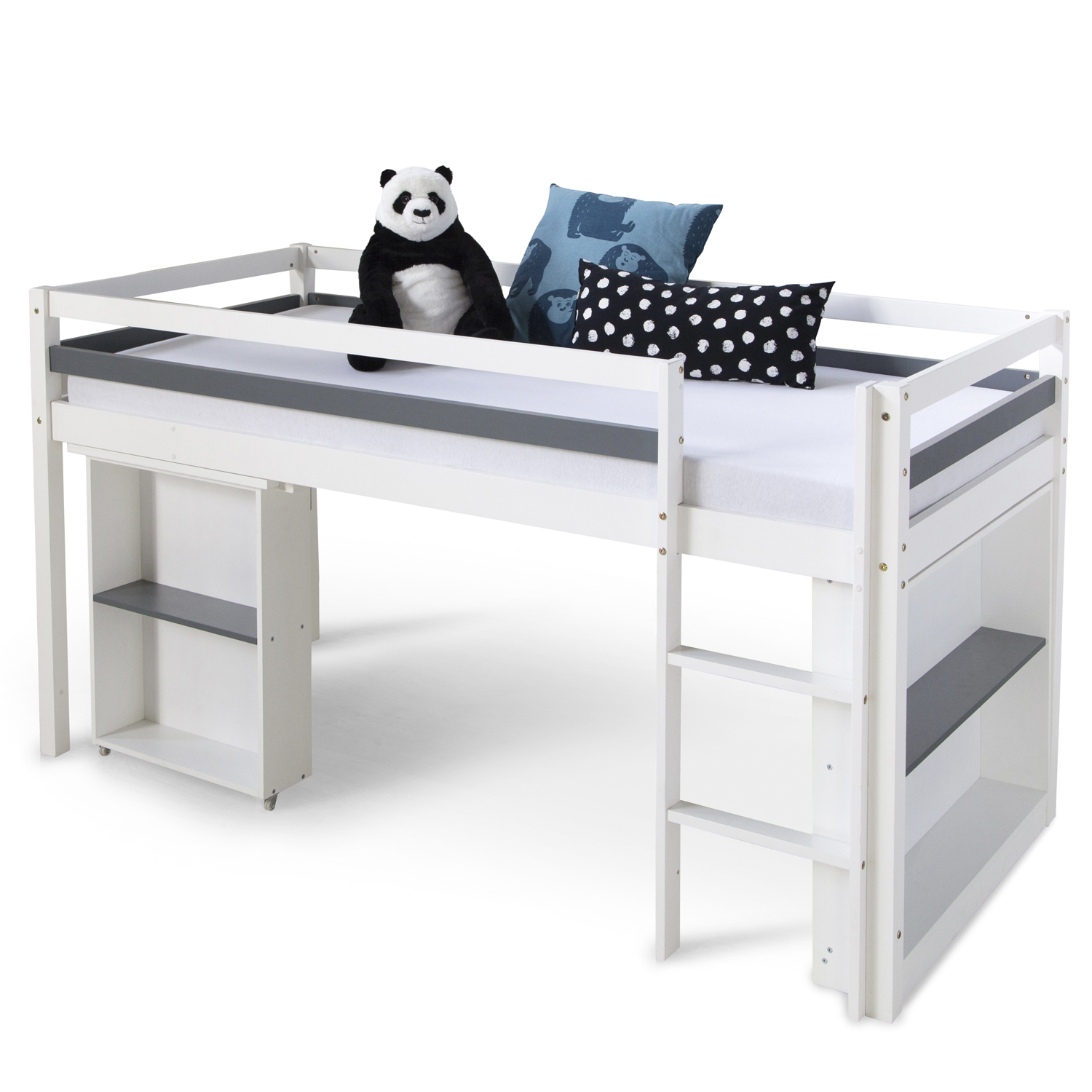 Children's Loft Bed 90x200 cm, White, with Desk | with Shelving | with Slatted Base