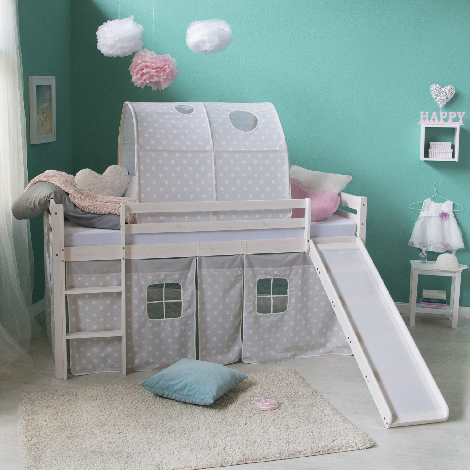 Loft Bed Kids 90x200 cm White with Curtain Stars | Tunnel | Slide | with Slatted Frame