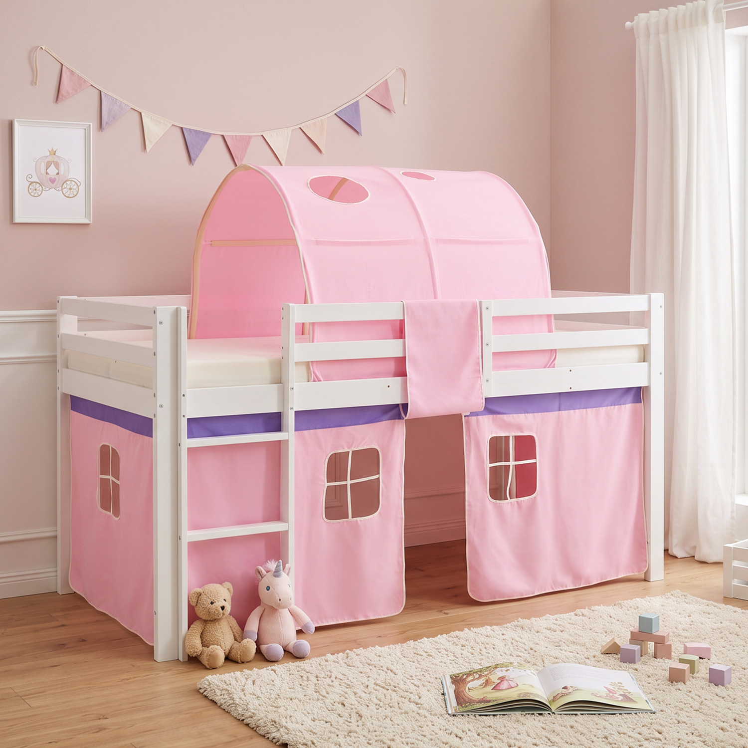 Children's Loft Bed 90x200 cm White with Pink Curtain | Tunnel | Without Slatted Base