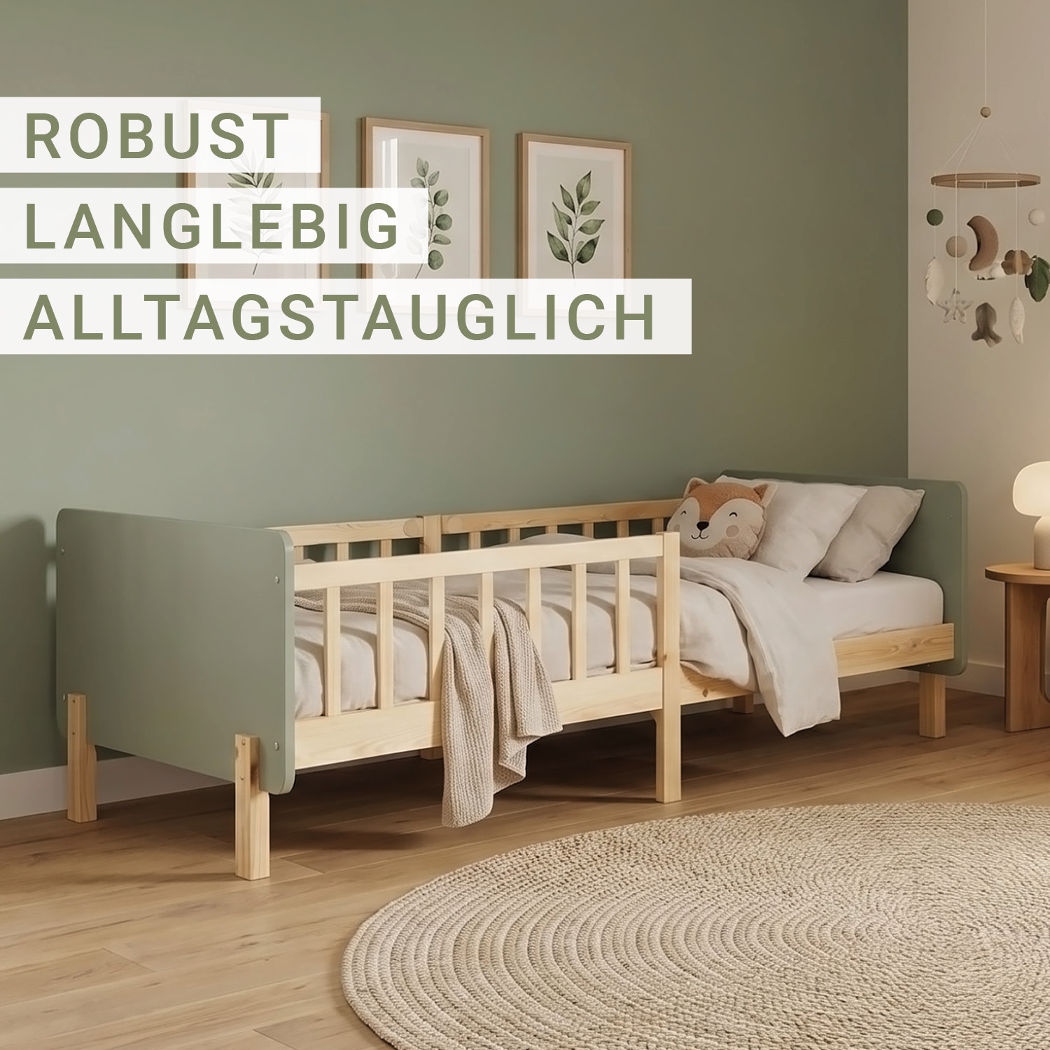 Single bed 90x200 cm Green with Mattress Wooden Bed frame Toddler bed with safety rail Kids bed Childrens bed Slatted frame