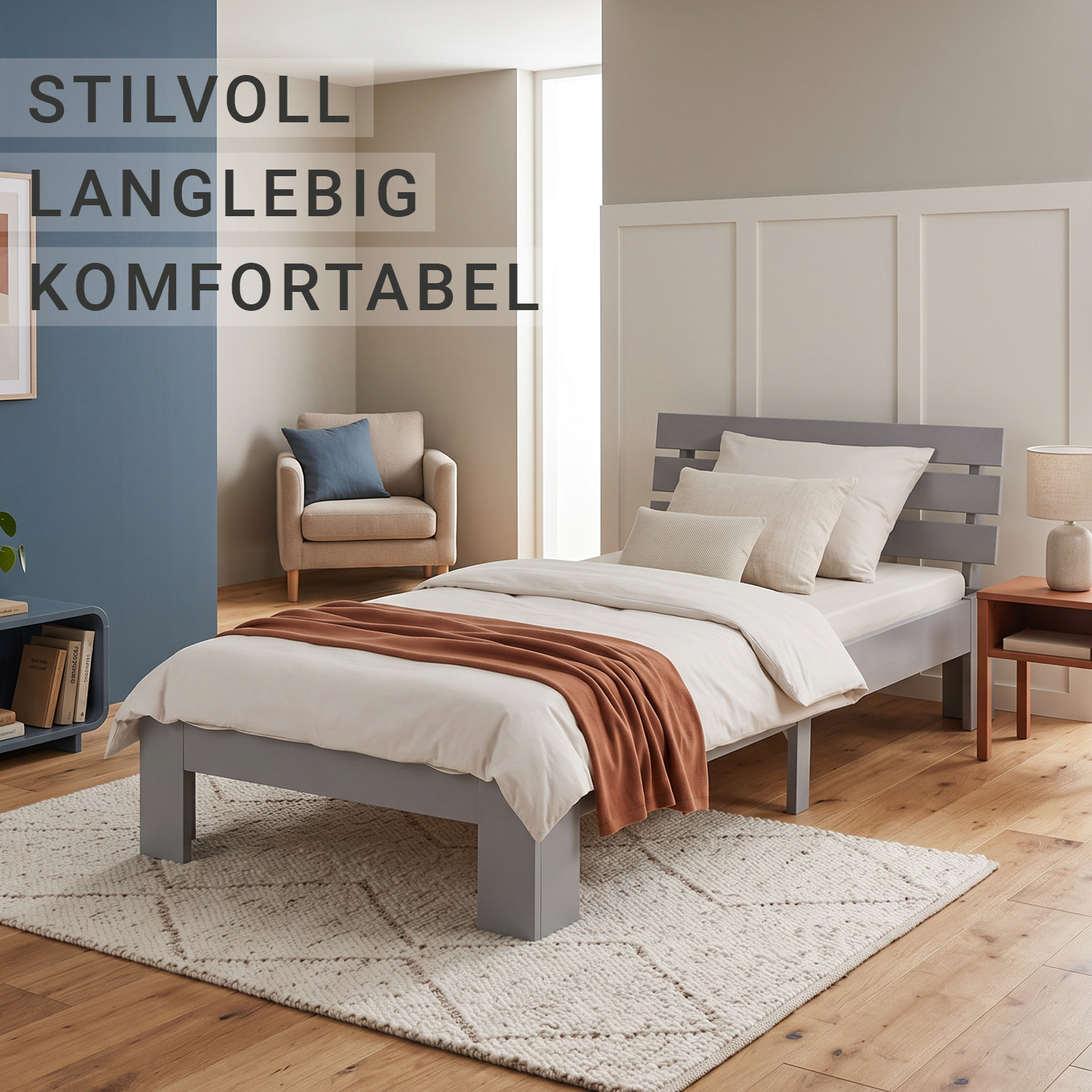 Wooden Bed 90x200 cm Gray | Single Bed | With Slatted Base | Solid Wood | Children's, Teen, or Guest Bedroom