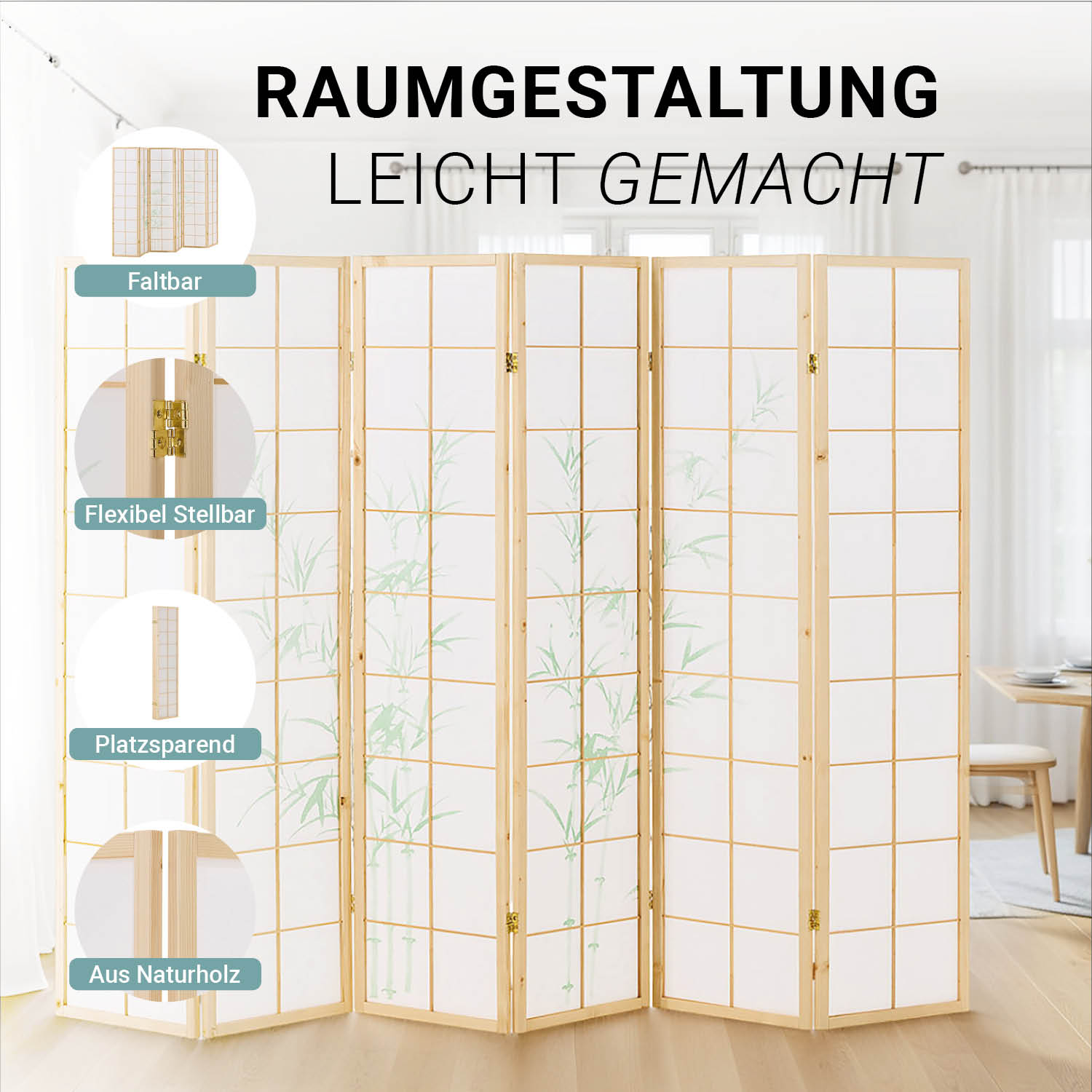 Paravent Natural Bamboo | 6-panel | Wood | Shoji Room Divider | Partition Privacy Screen
