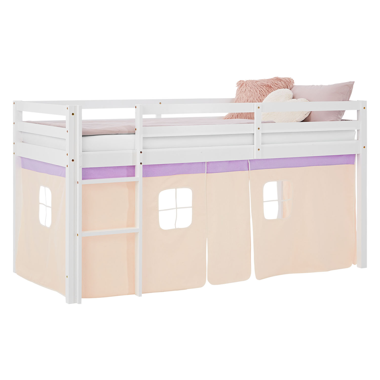 Kinderhochbett in Lila mit Holzelementen, Lattenrost und Spielvorhang. In der eingerichteten Szene sind ein Fenster, ein heller Teppich, Kuscheltiere und Bilderrahmen zu sehen.