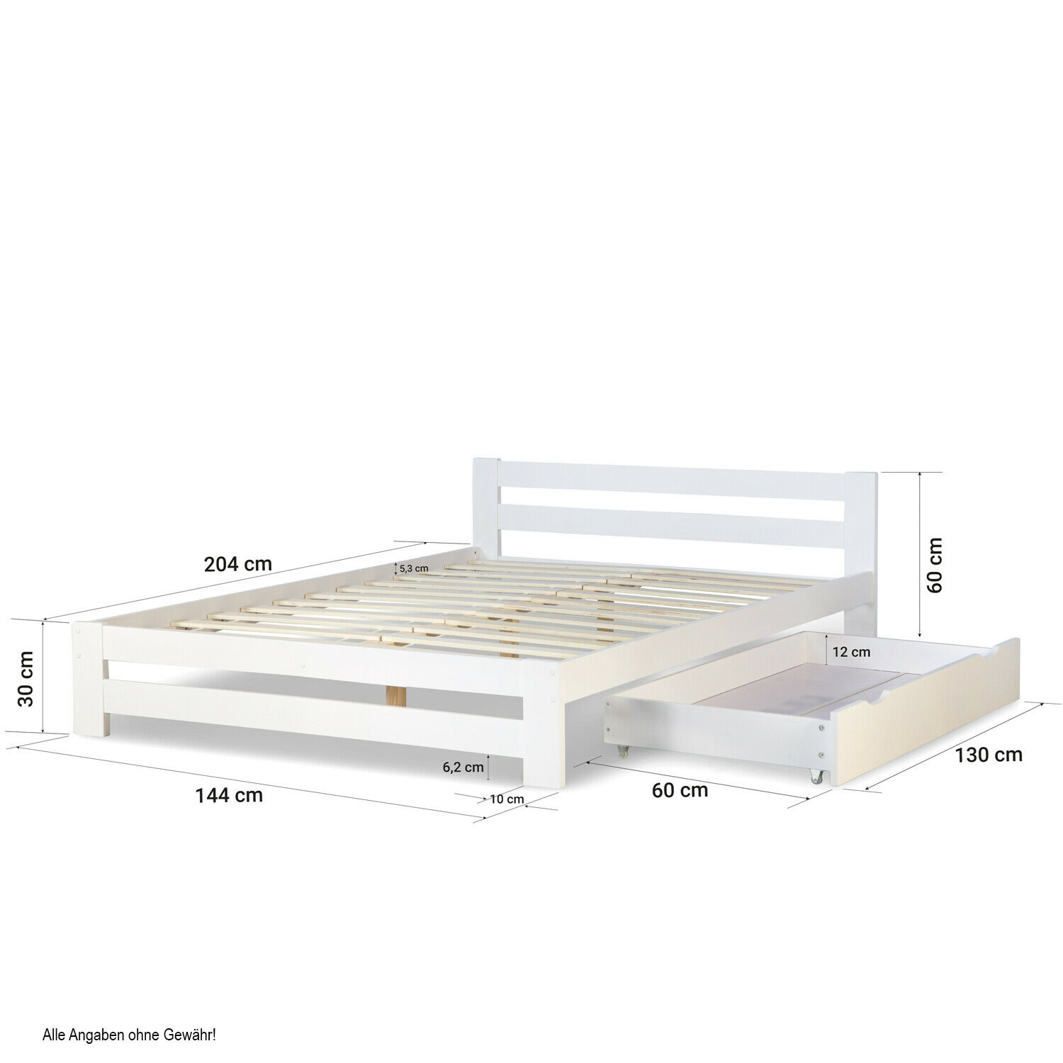 Wood Bed 140x200 cm White | Double Bed with Bed Drawer | with Slatted Frame | Solid | Kids Youth Guest Bedroom