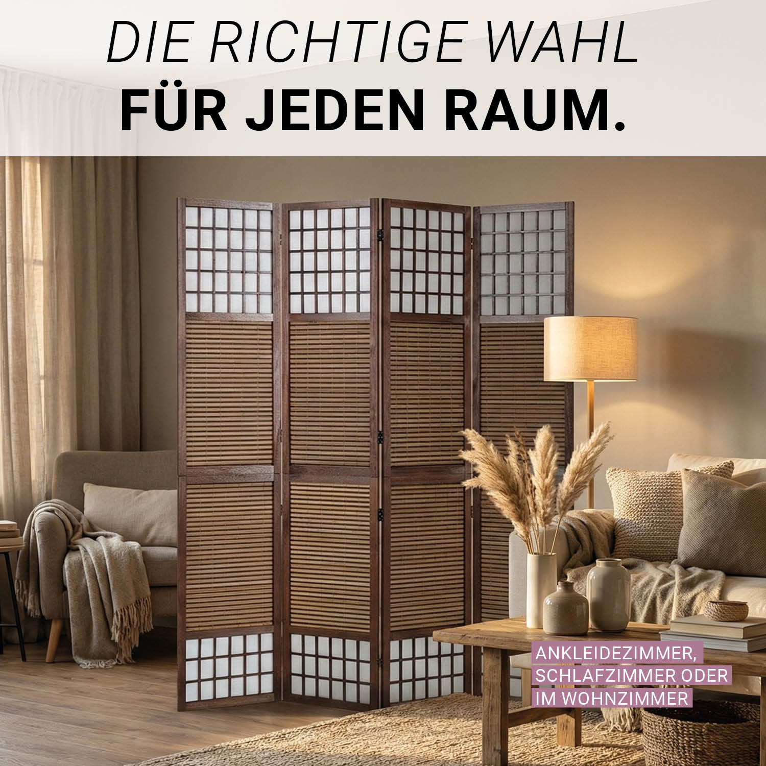 Paravent Brown Bamboo Shoji Rice Paper White Height 200 cm | 4-panel | Wood | Room Divider Partition Privacy Screen