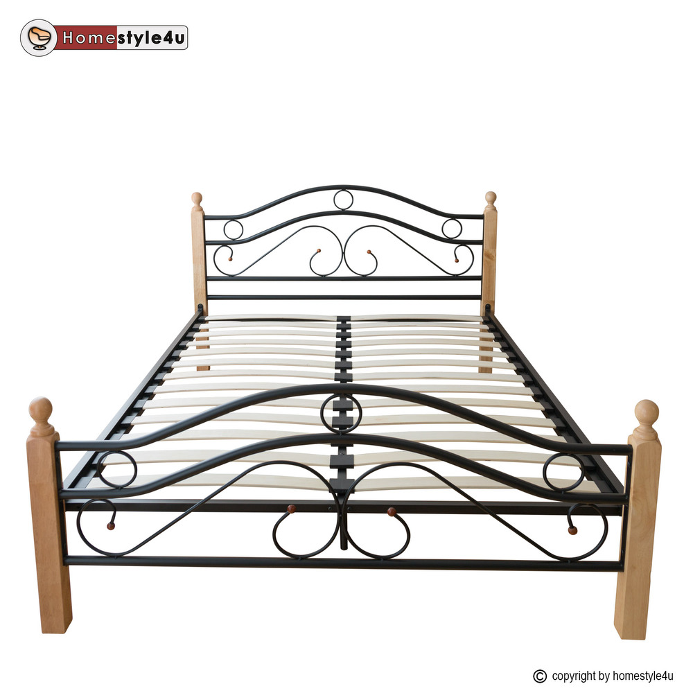 Metal Bed Iron Bed Double 160 x 200 Wood Slatted black natural bed frame 803