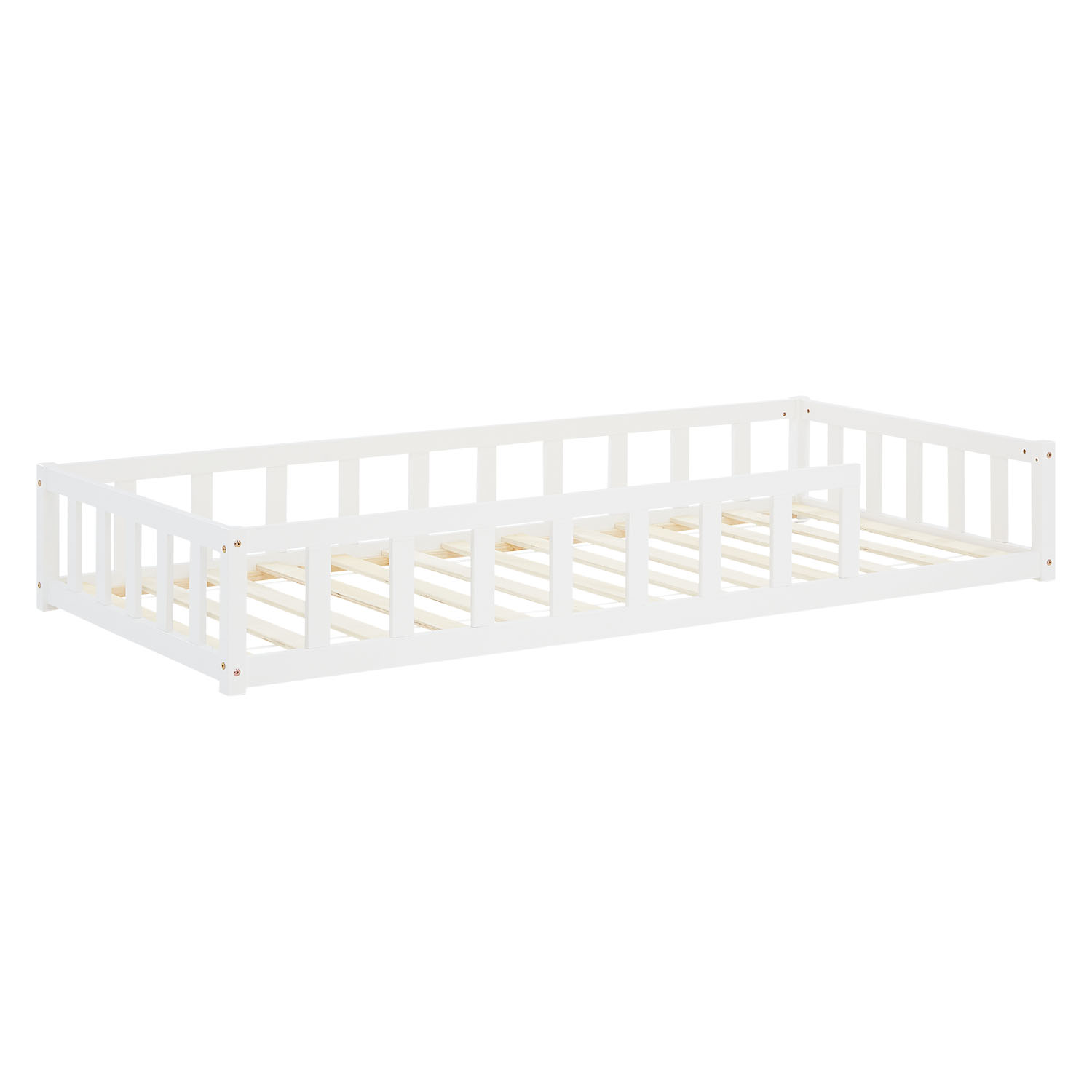 Children's Bed 90x200 White | Floor Bed with Mattress & Slatted Frame | with Fall Protection | Montessori