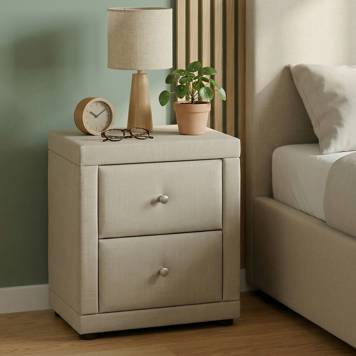 2 Bedside tables Nightstand bedroom 2 Chest drawers Side table Beige fabric