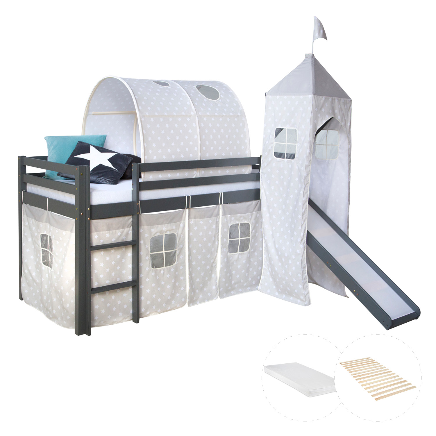 Kinderhochbett in Grau mit Elementen aus Kiefernholz, Lattenrost, Matratze, Rutsche, Spielturm, Spieltunnel, Spielvorhang und Sternenmotiv. Der Artikel ist freigestellt auf weißem Hintergrund abgebildet. Sichtbare Details sind eine Leiter, seitliche Schut
