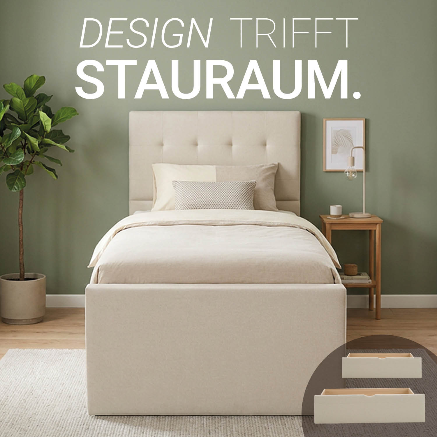 Upholstered bed 90x200 cm beige | with slatted frame | with 2 bed drawers | single fabric bed frame