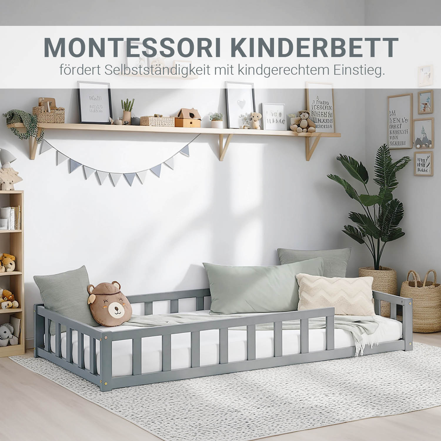 Children's Bed 90x200 Grey | Floor Bed with Mattress & Slatted Frame | with Fall Protection | Montessori