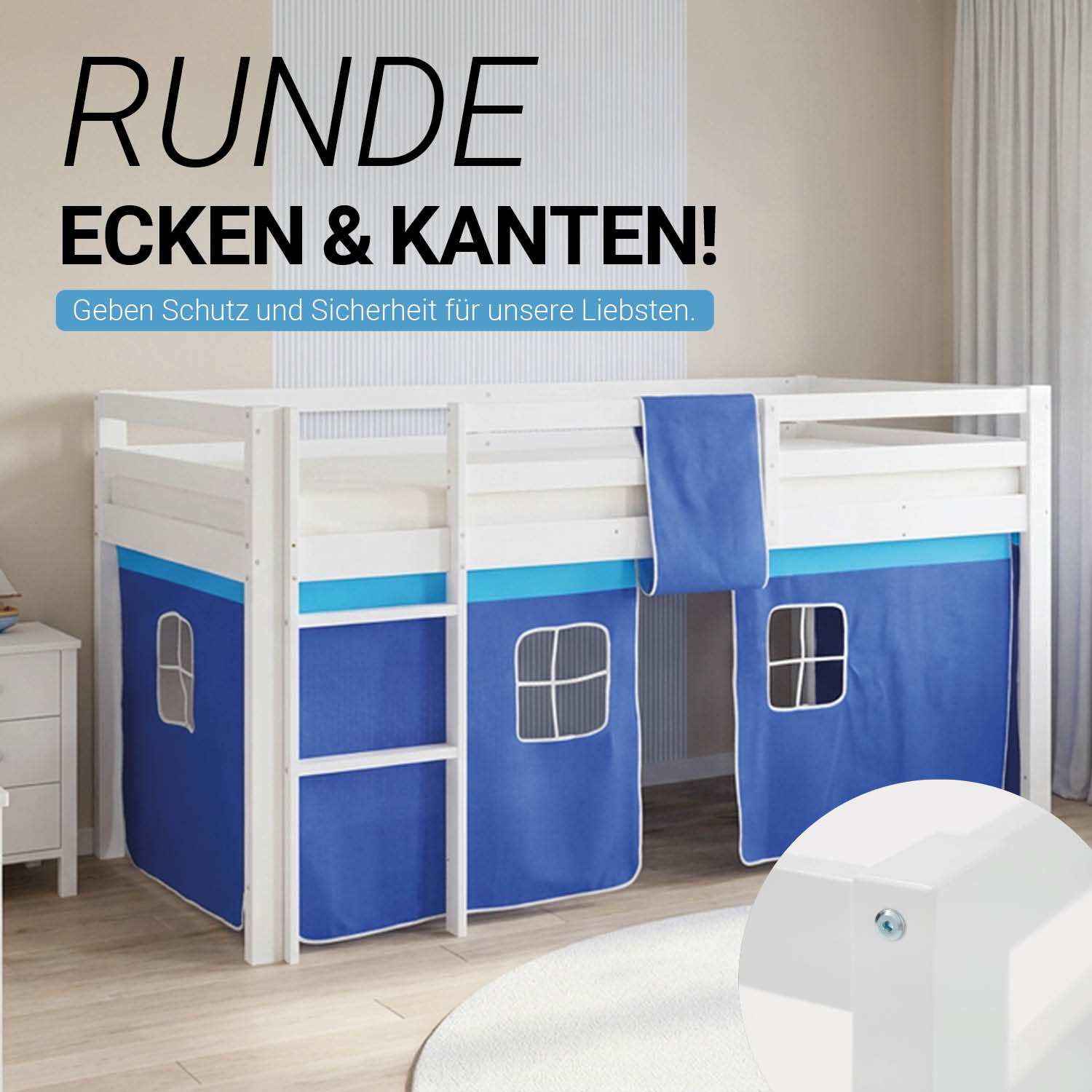 Children's loft bed, 90x200 cm, white with blue curtain | without slatted frame