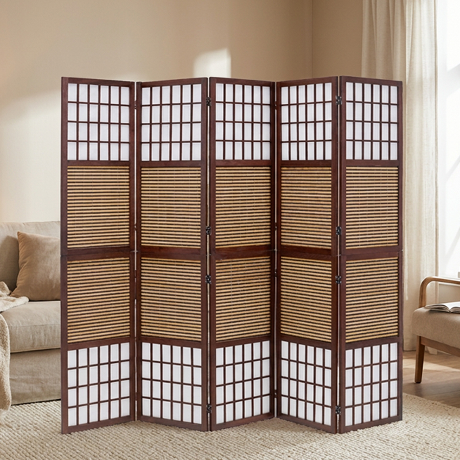 Brown 5-panel folding screen – room divider with bamboo and shoji rice paper