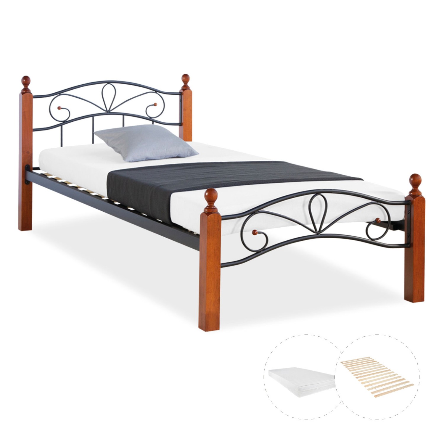 Metal Bed with Mattress Slatted Frame 90x200 cm Bedstead Black Brown Wood Single Daybed