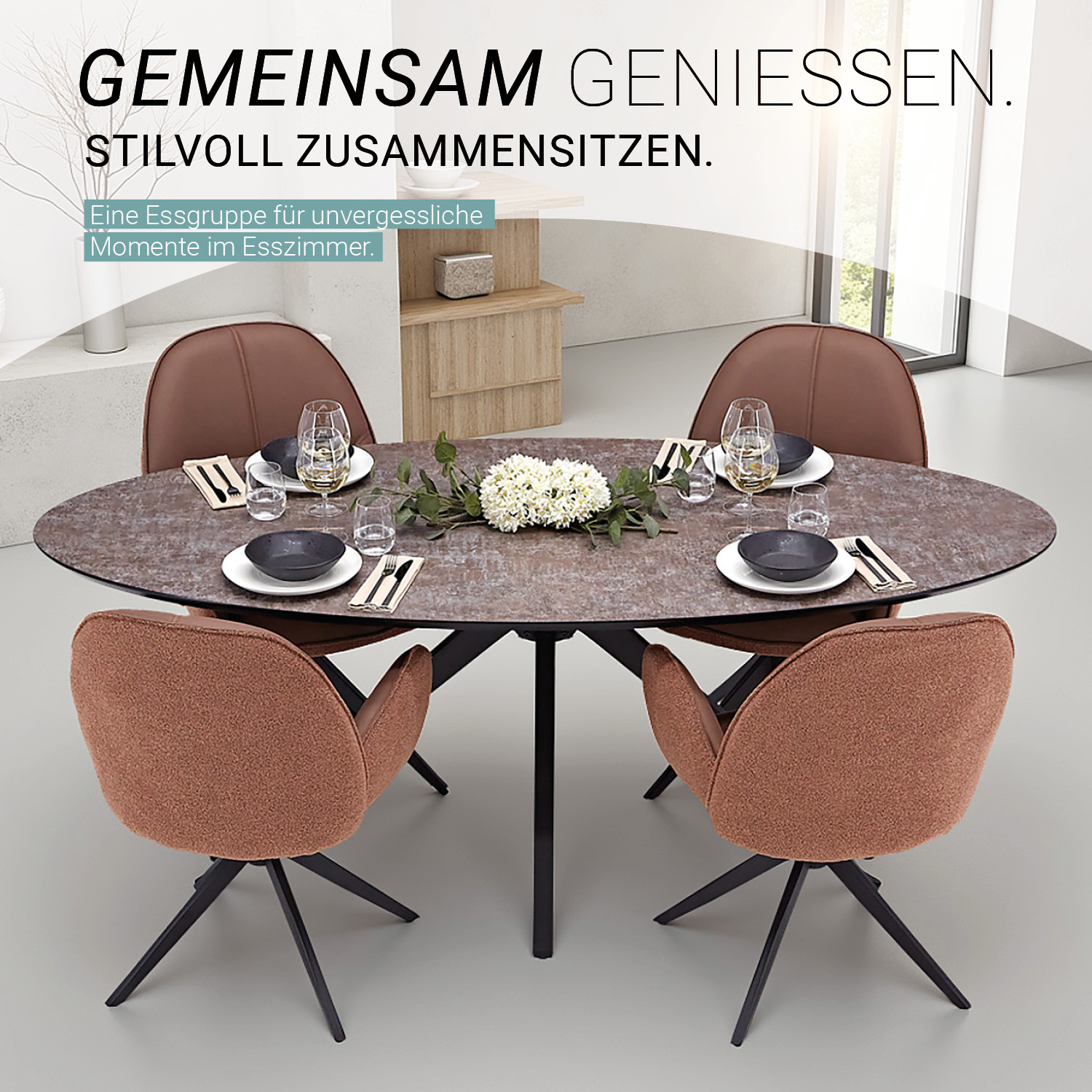 Dining set | 4-piece set upholstered chairs brown bouclé Leder with armrest | swivel | dining table brown metal frame oval 200 cm