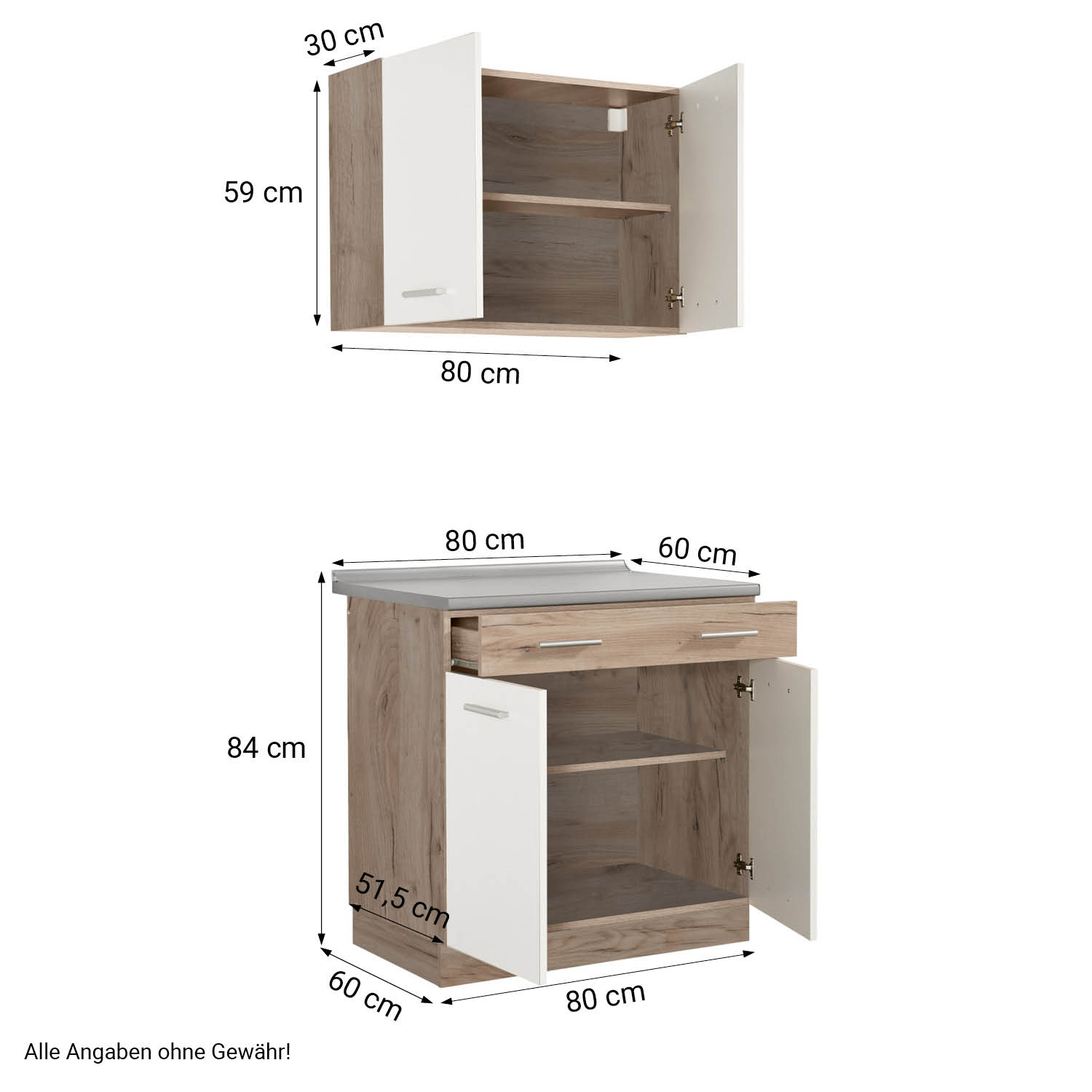 Moderne Küche Weiß Küchenzeile ohne Geräte Einbauküche Singleküche Küchenschränke 80 cm Eiche Grau