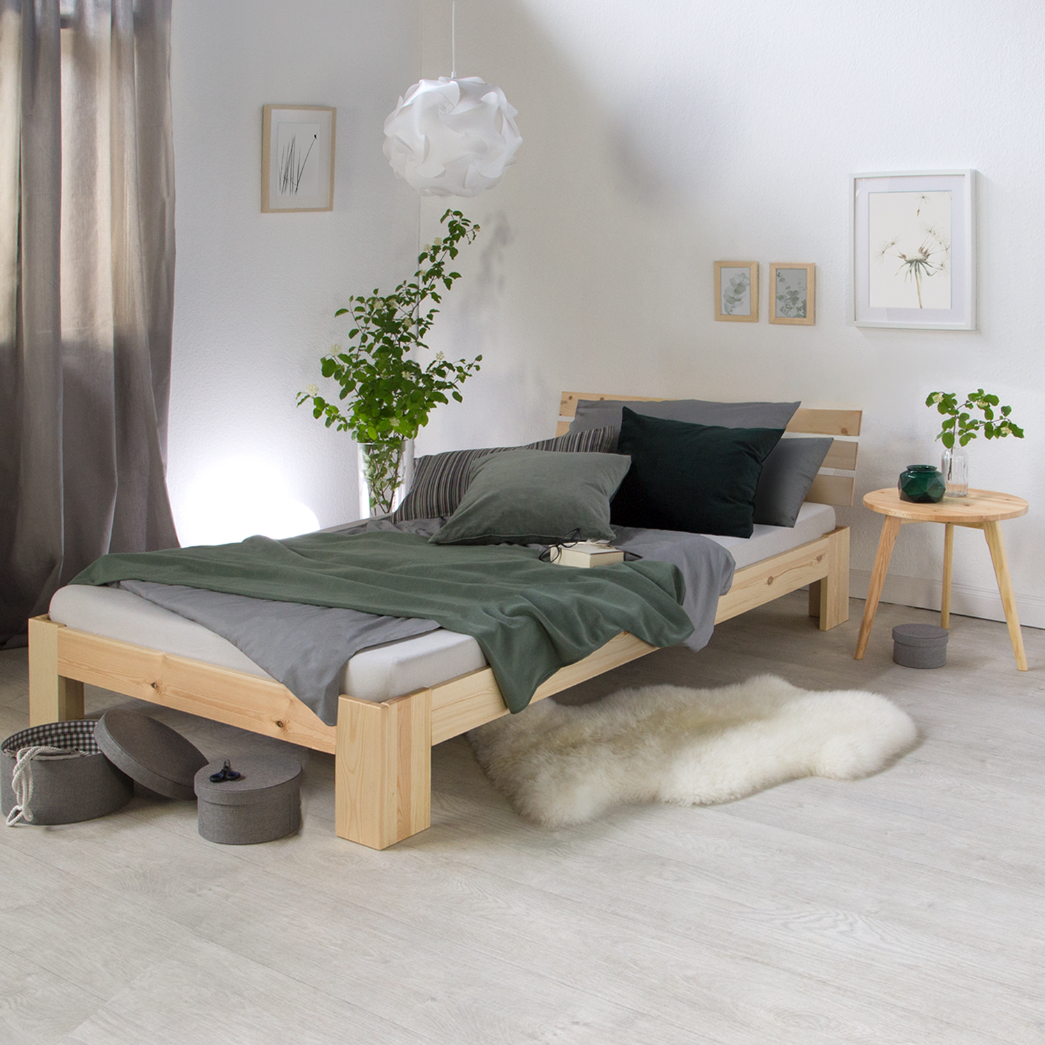 Wood Bed 90x200 cm Natural | Single Bed with Storage Drawer | with Slatted Frame | Solid | Kids Youth Guest Bedroom