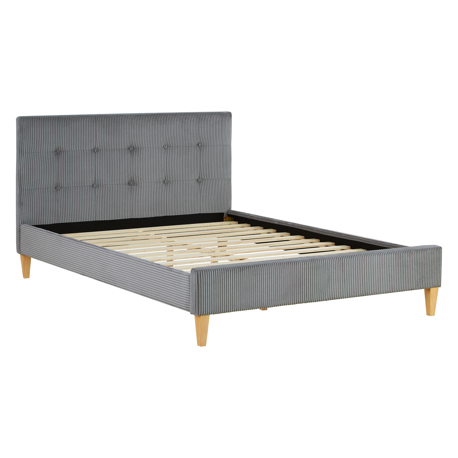 Small Double Bed 140x200 cm Grey Cord Upholstered Bed with Slatted Frame Fabric Bed Frame