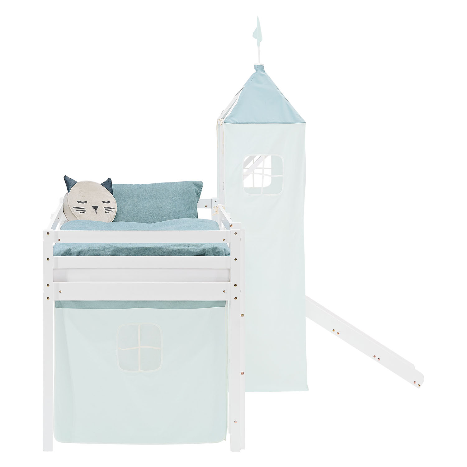 Loft Bed for Kids 90x200 cm White with Curtain in Mint Green | Slide | Tower | with Slatted Frame and Mattress