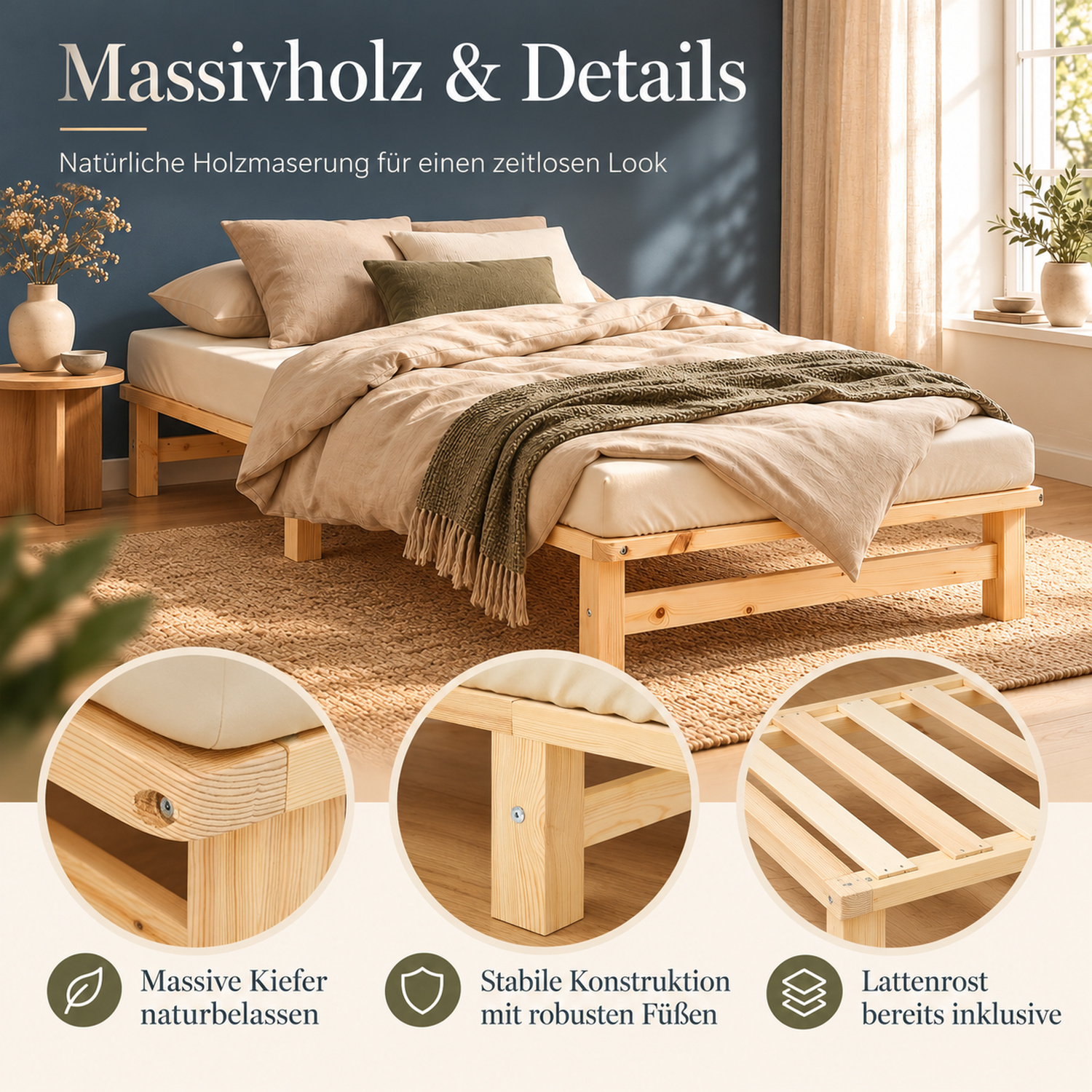 100x200 cm Natural Pallet Bed – Wooden Single Bed with Mattress & Slatted Base for Teen Rooms, Guest Rooms, and Bedrooms