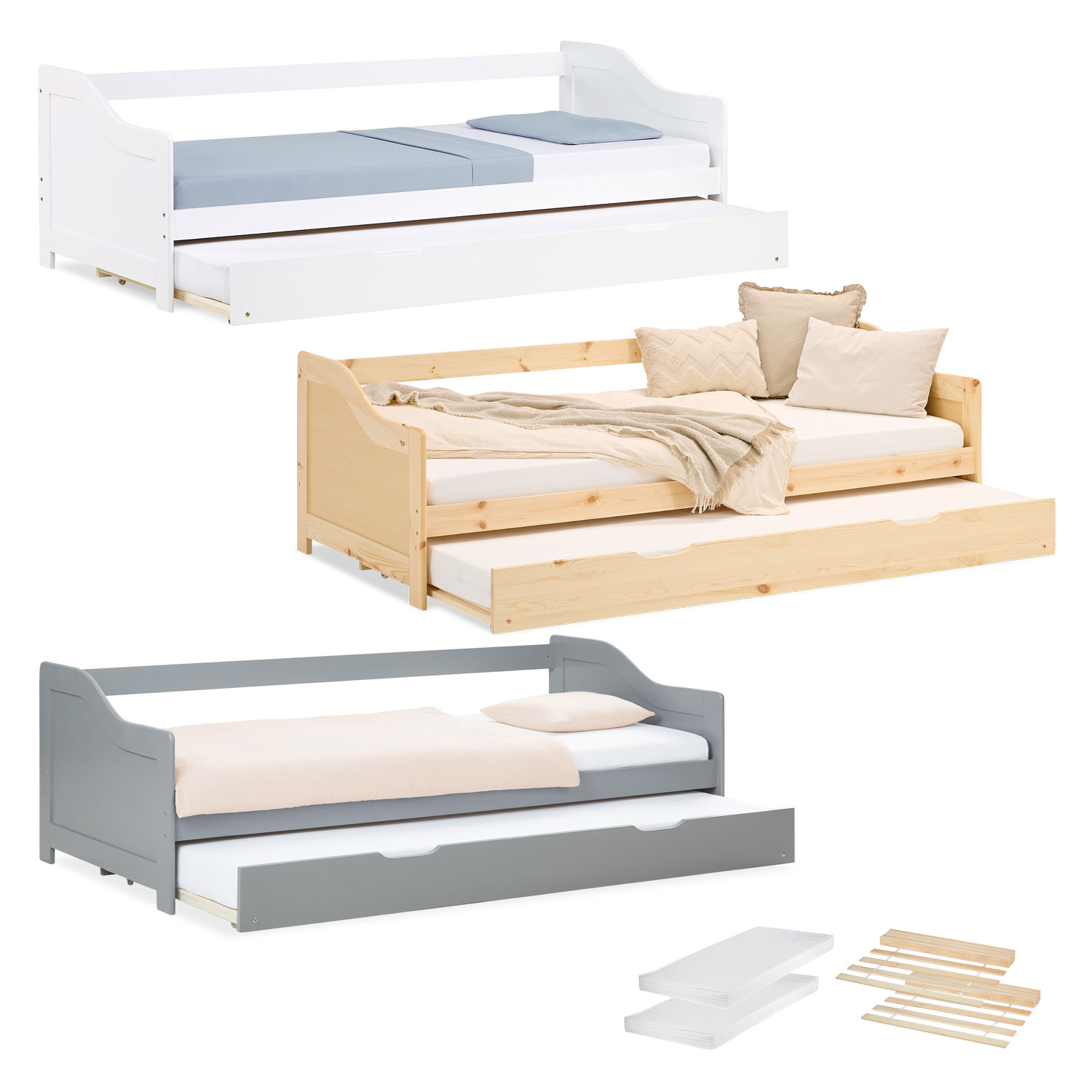 Guest bed Wooden bed 90x200 cm White Gray Natural Daybed Pull-out bed Youth bed Pull-out bed Functional bed 2 mattresses