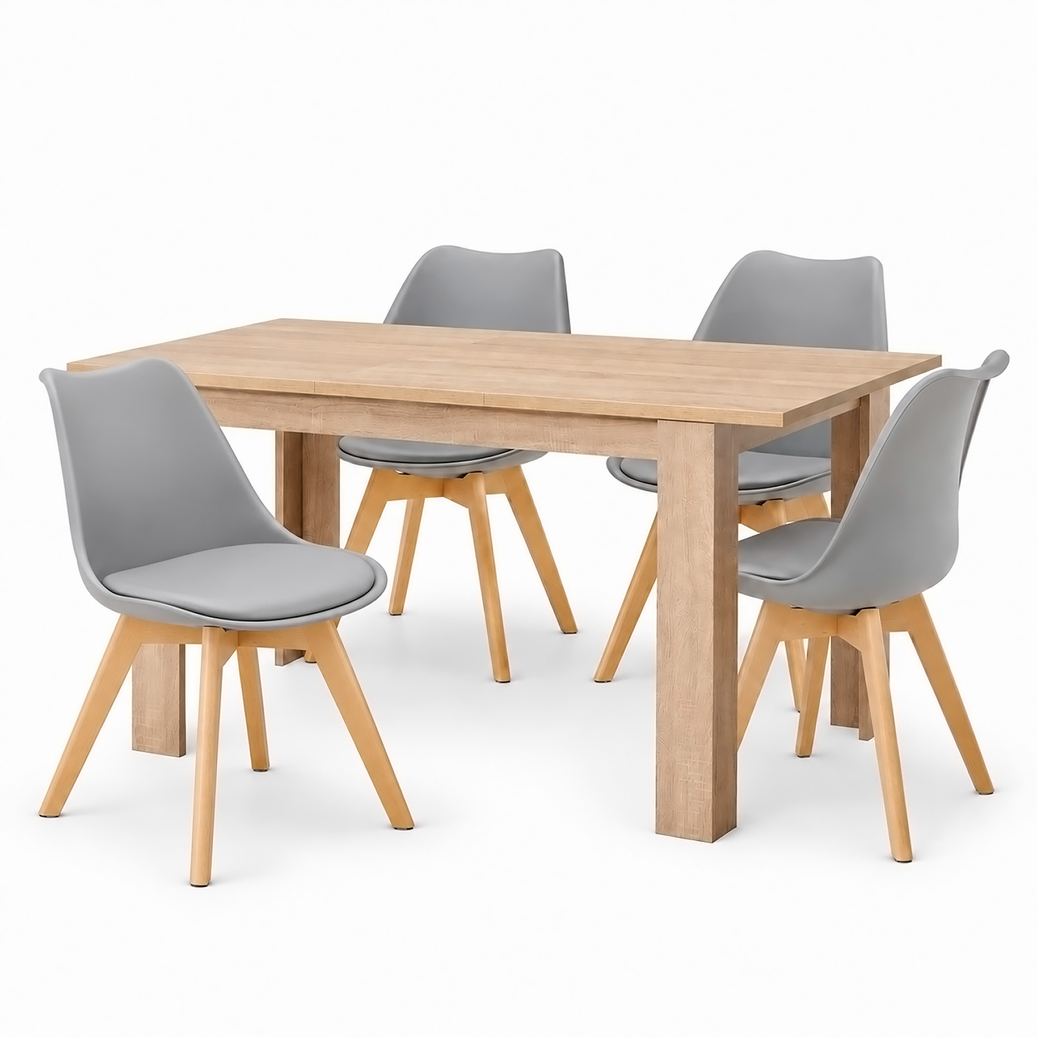 Dining Set (5-Piece): 120x80 cm oak extendable dining table with 4 grey plastic chairs and wooden legs
