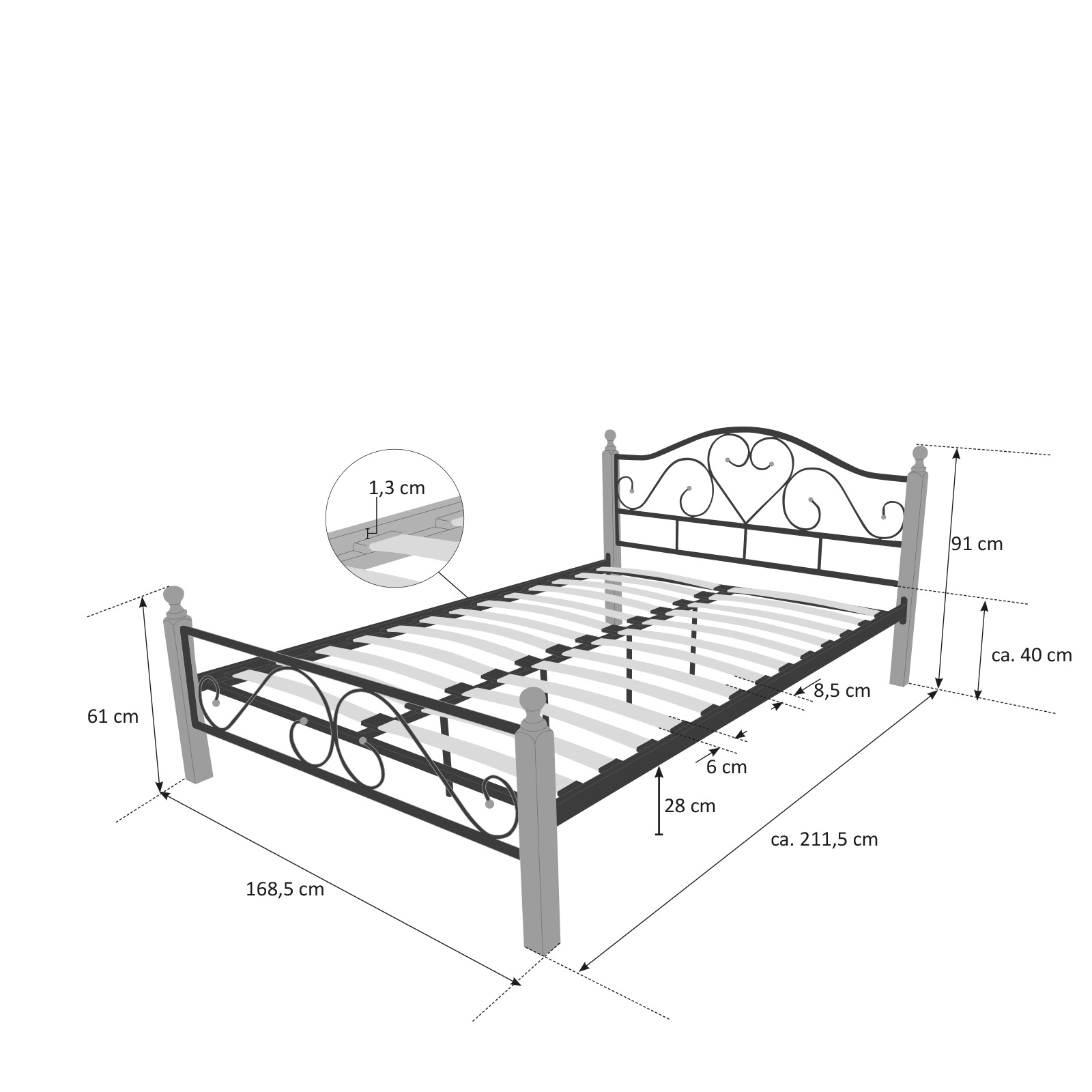 Metal Bed 160x200 Black Daybed Double Bed Youth Bed with Slatted Frame