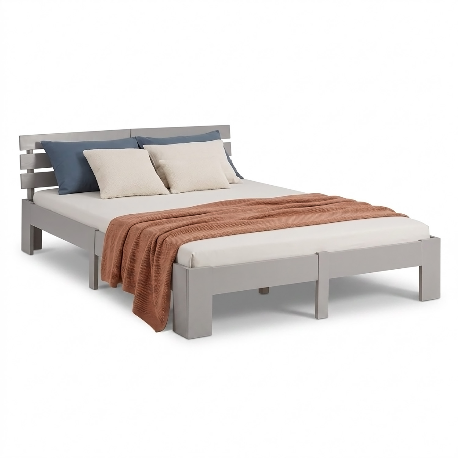 Wood Bed 140x200 cm Grey | Double Bed | with Spring Mattress | Solid | Youth Guest Bedroom
