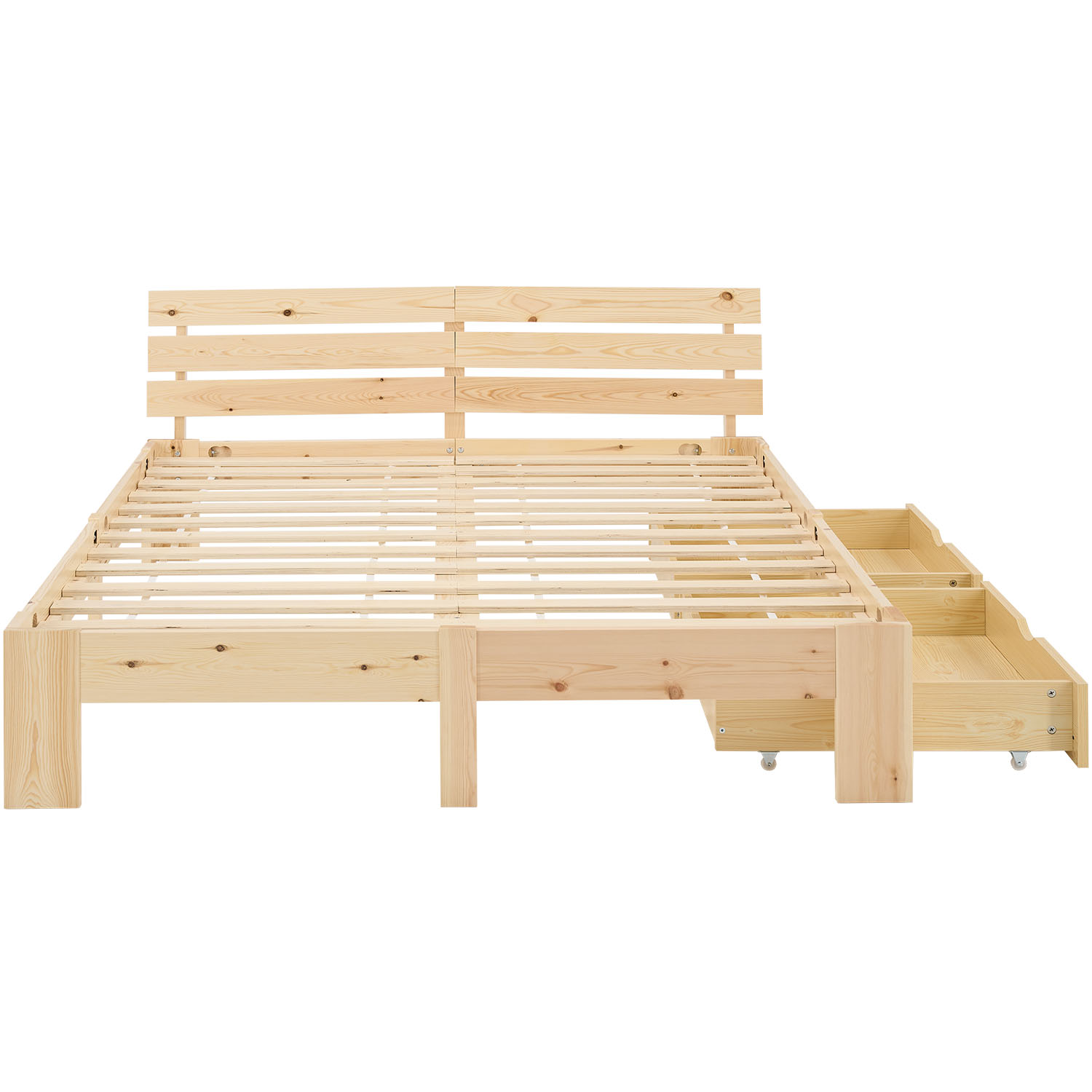 Wood Bed 180x200 cm Natural | Double Bed | with 2 Spring Mattress | 2 Drawers | Youth Guest Bedroom