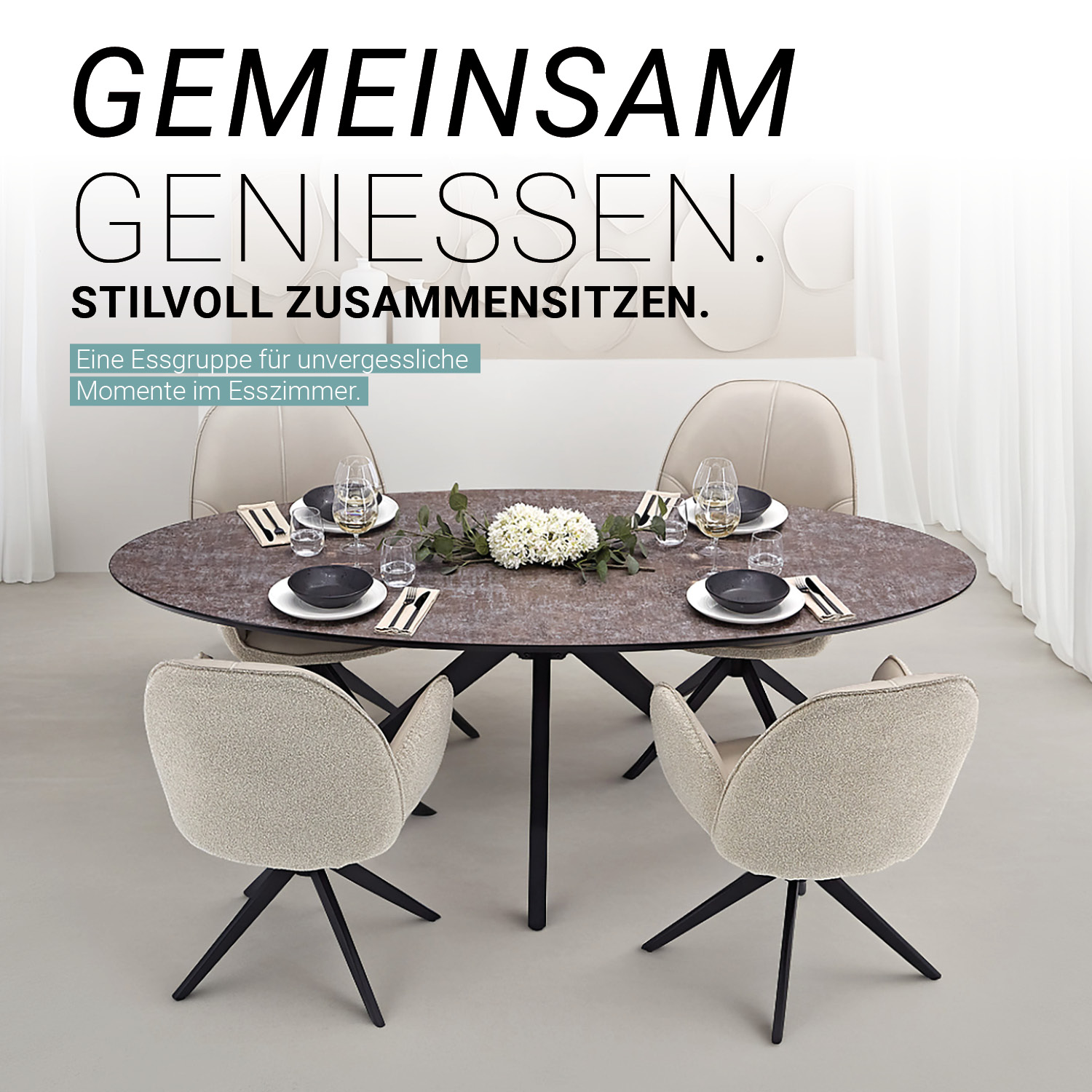 Dining set | 4-piece set upholstered chairs beige bouclé Leder with armrest | swivel | dining table brown metal frame oval 200 cm